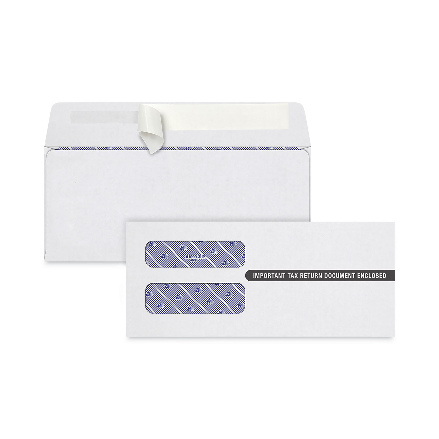 1099 Self-Seal Security Tinted Double Window Envelope, Square Flap, Self-Adhesive Closure, 3.75 x 8.5, White, 100/Pack
