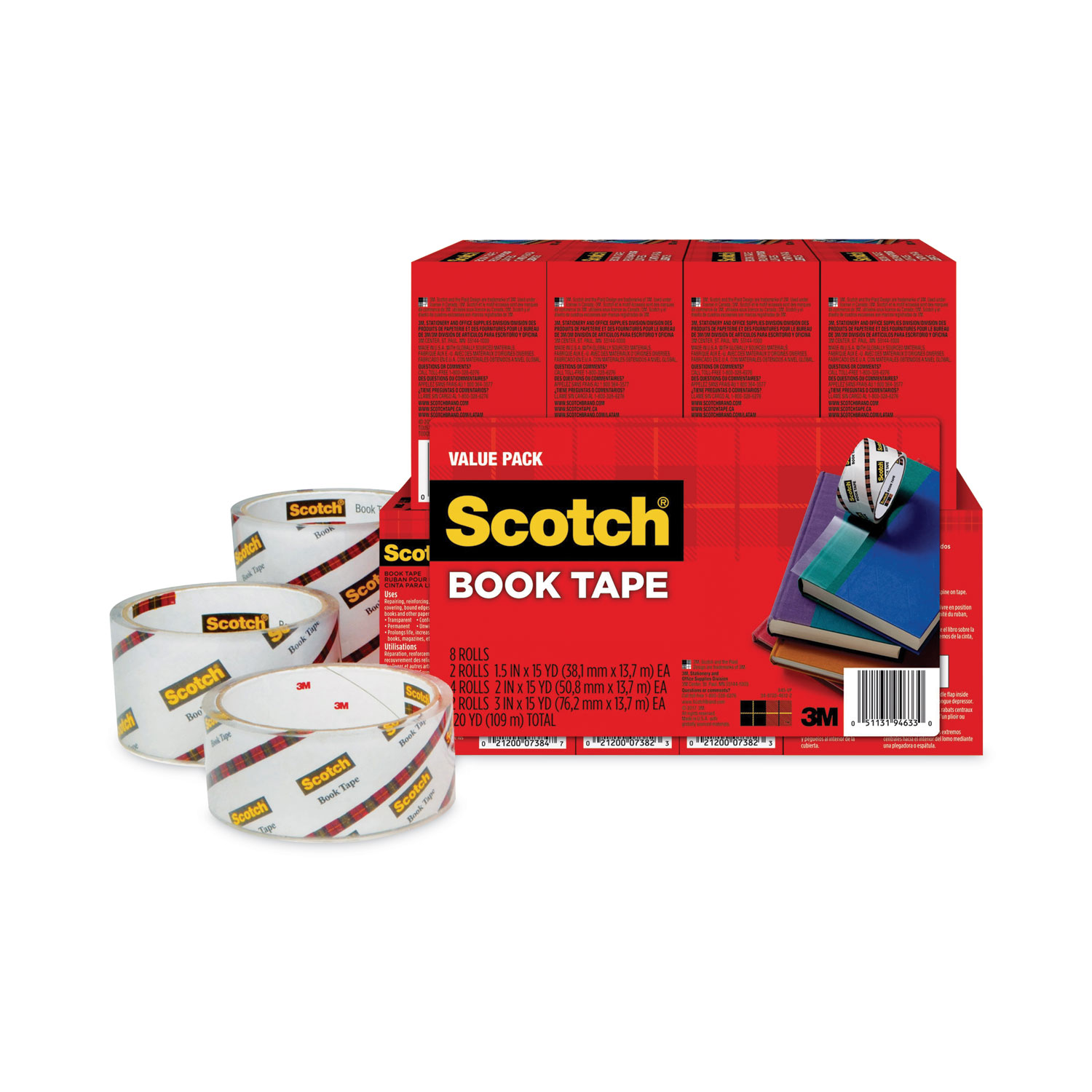 Scotch Book Tape Value Pack, 3 Core, (2) 1.5 x 15 yds, (4) 2 x