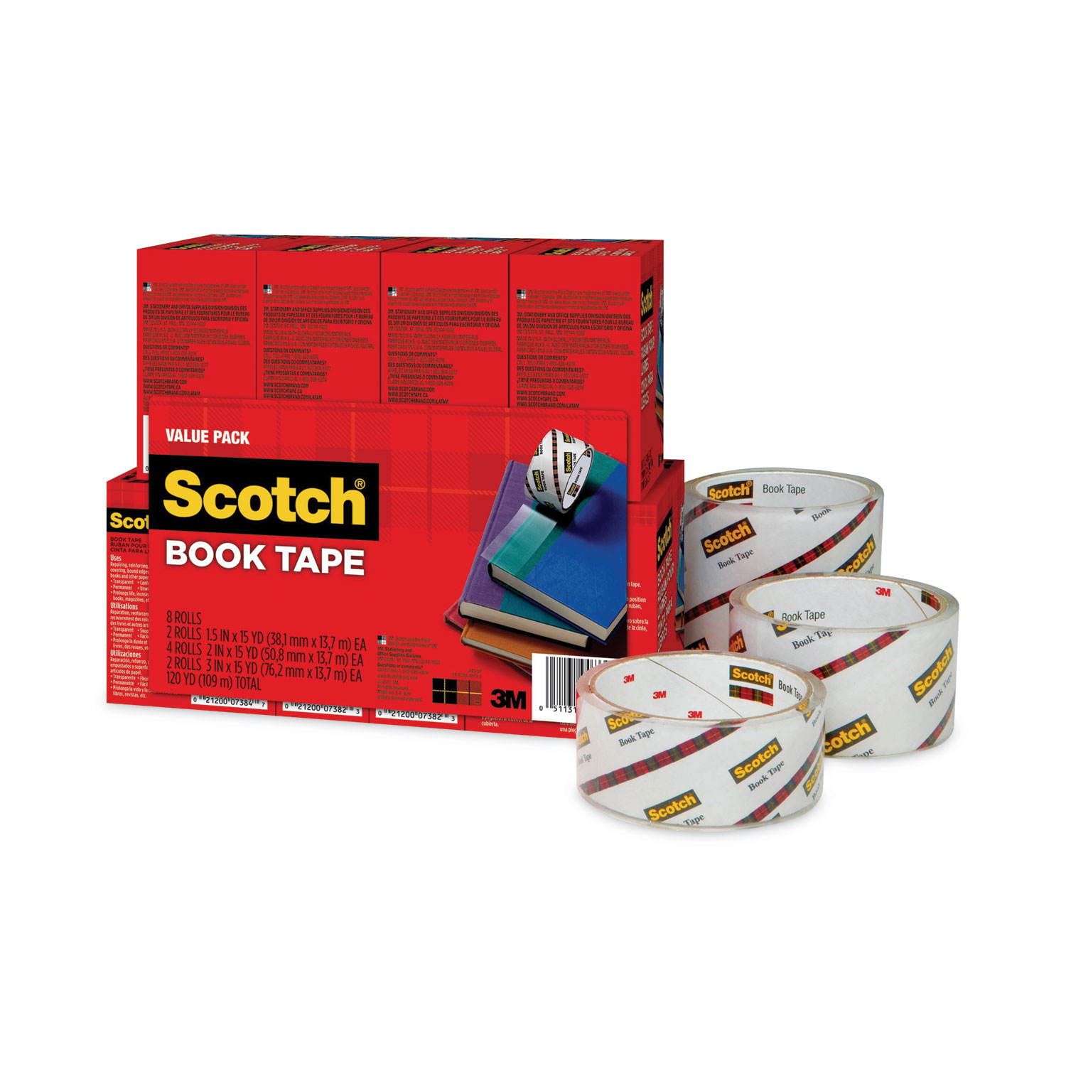 Book Tape Value Pack, 3 Core, (2) 1.5 x 15 yds, (4) 2 x 15 yds, (2) 3 x  15 yds, Clear, 8/Pack - Reliable Paper