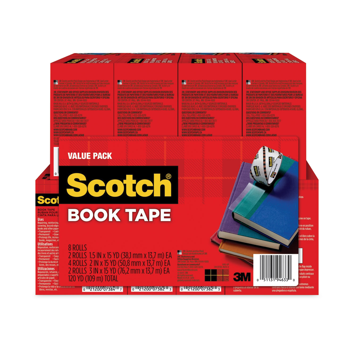 Book Tape Value Pack, 3″ Core, (2) 1.5″ x 15 yds, (4) 2″ x 15 yds, (2) 3″ x 15 yds, Clear, 8/Pack