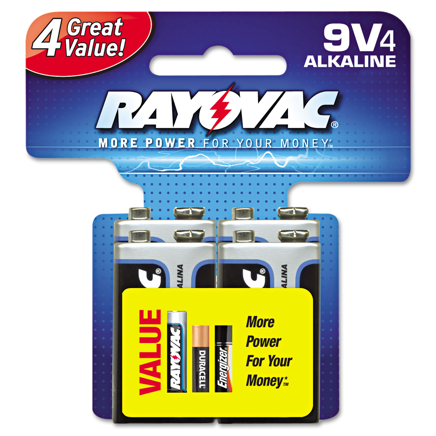 High Energy Premium Alkaline Battery, 9V, 4/Pack