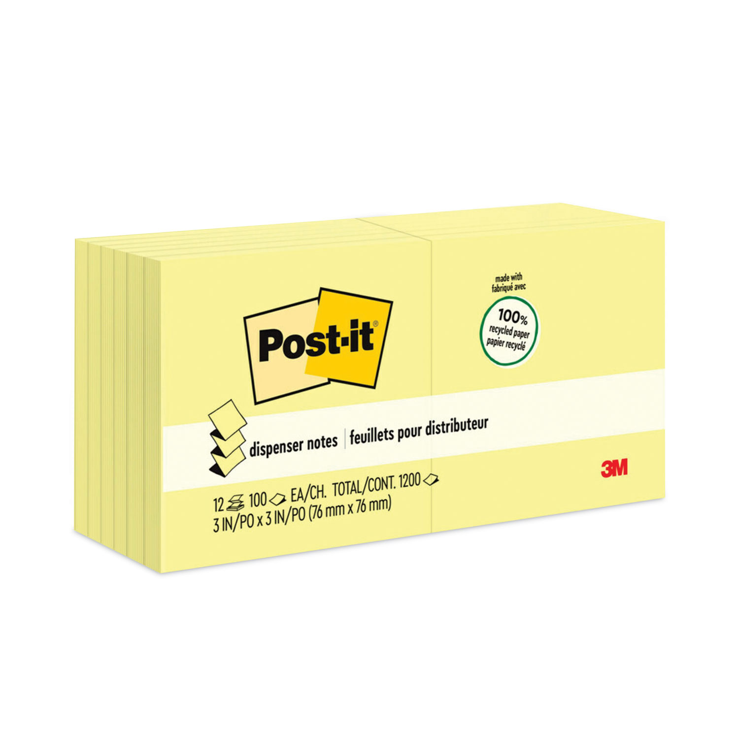 100 Sheet 12 Pad per Pack 3M 3 x 3 in Recycled Self Stick Notes Yellow