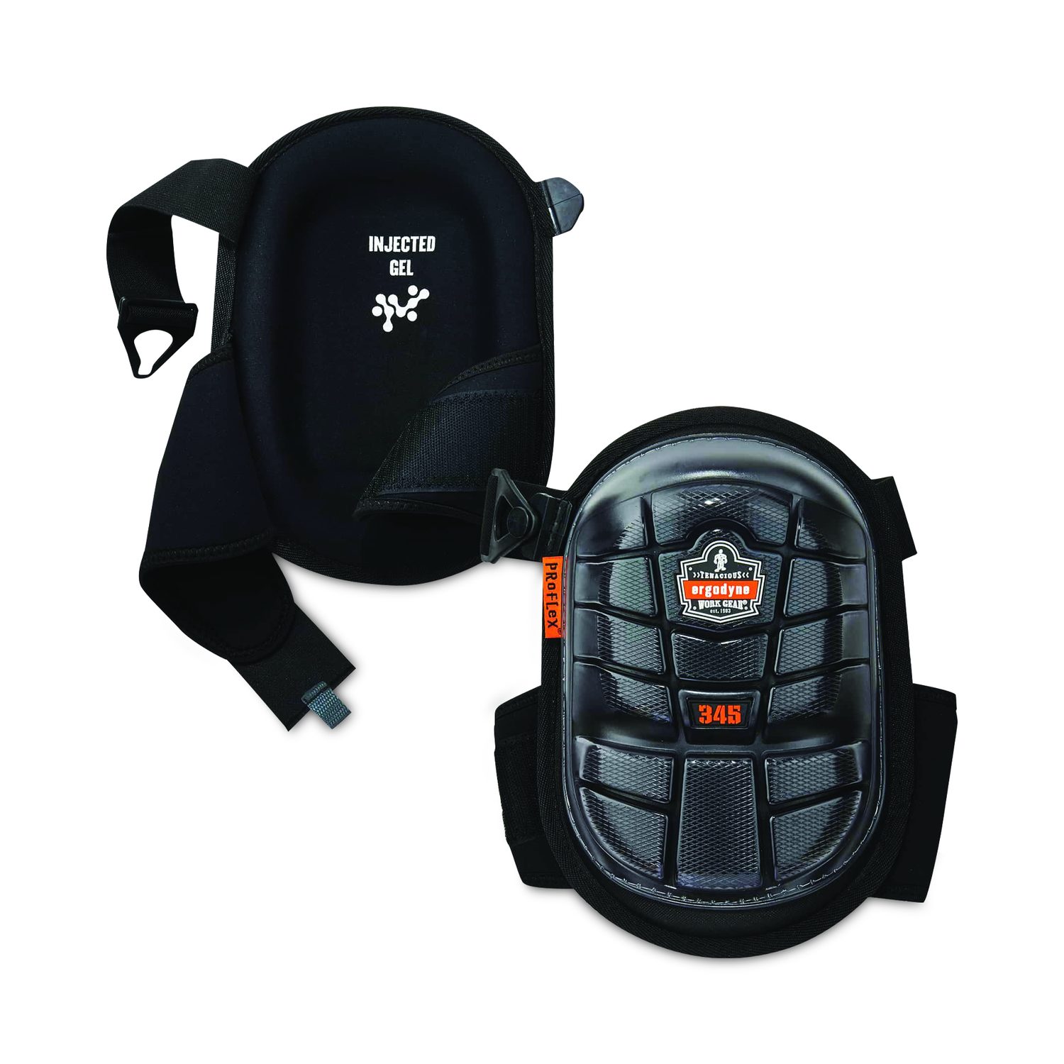 ProFlex 345 Injected Gel Knee Pads, Long Cap, Hook and Loop Closure, One Size Fits Most, Black, Pair