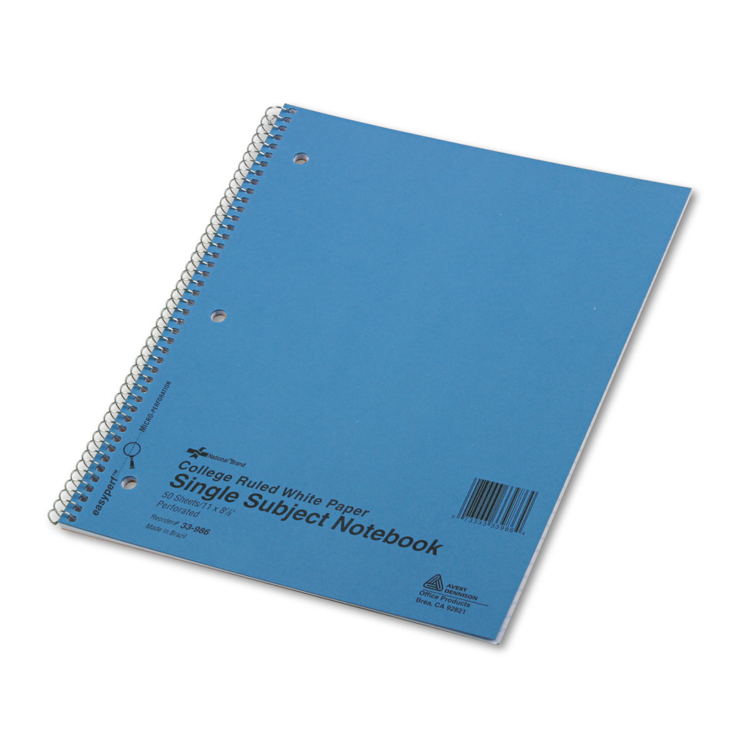 National® Single-Subject Wirebound Notebooks, 1 Subject, Medium/College Rule, Blue Cover, 11 x 8.88, 50 Sheets