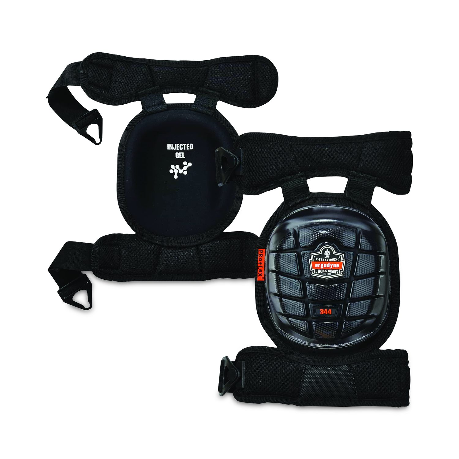 ProFlex 344 Injected Gel Knee Pads With Comfort Straps, Short Cap, Buckle Closure, Black, Pair