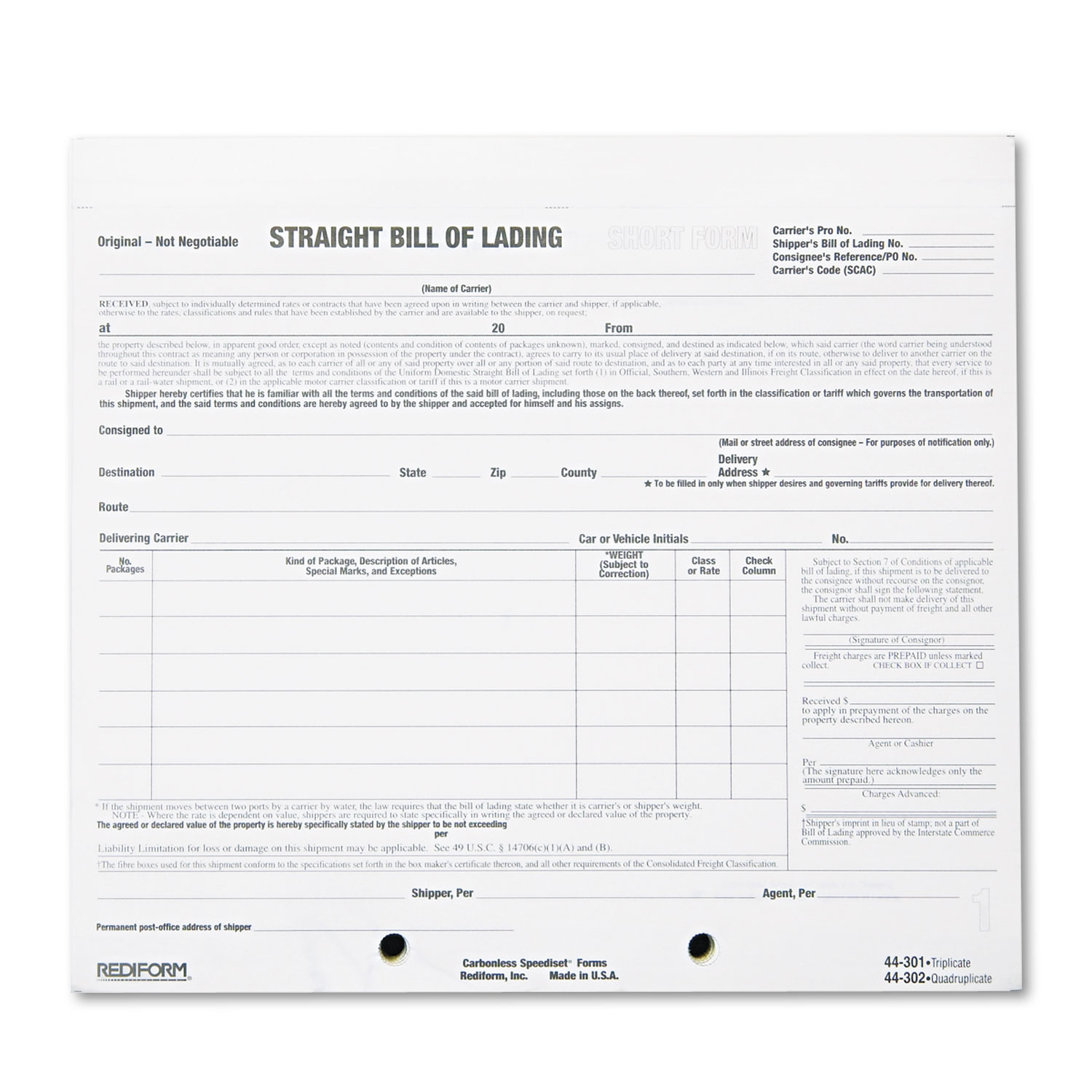  Rediform 44302 Bill of Lading Short Form, 7 x 8 1/2, Four-Part Carbonless, 250 Forms (RED44302) 