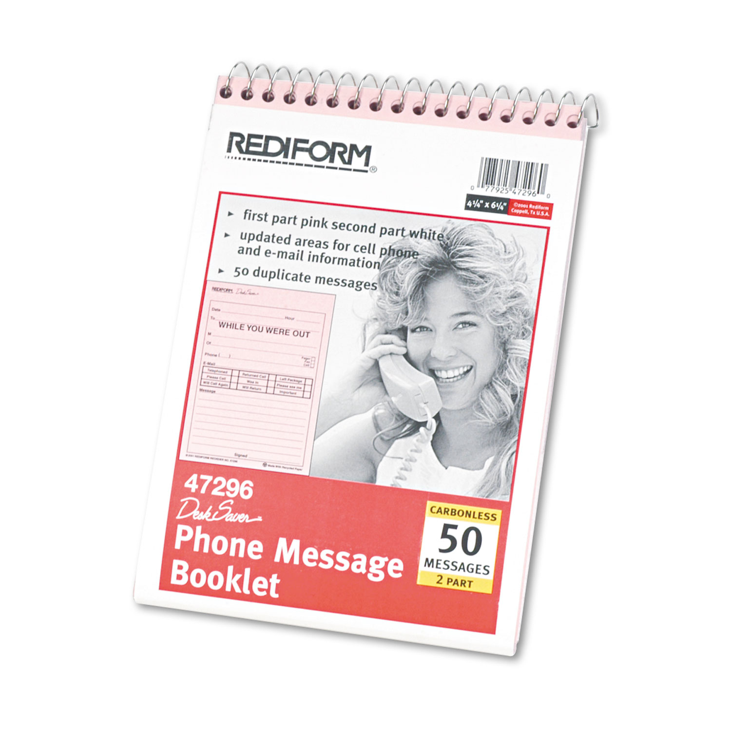  Rediform 47296 Desk Saver Line Wirebound Message Book, 6 1/4 x 4 1/4, Two-Part, 50 Forms (RED47296) 