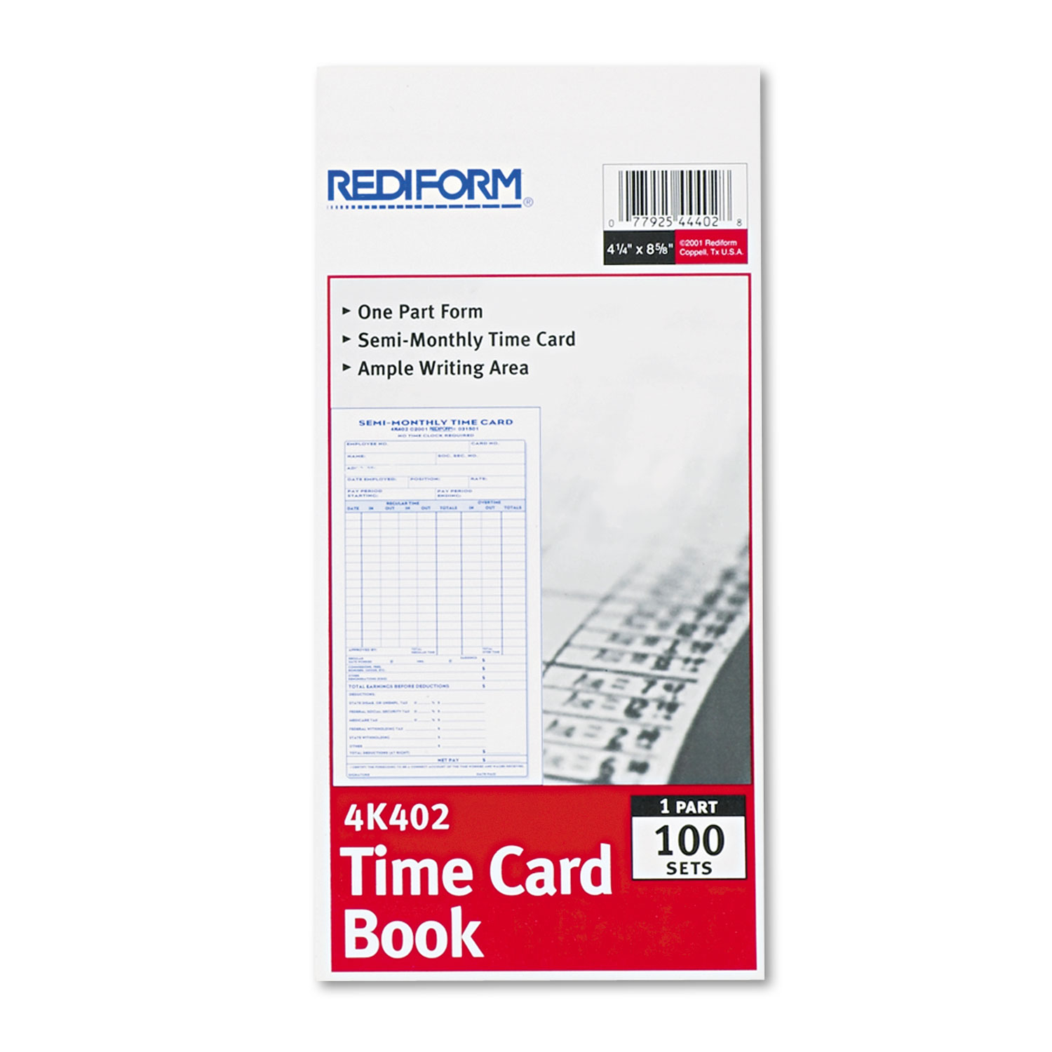  Rediform 4K402 Employee Time Card, Semi-Monthly, 4-1/4 x 8, 100/Pad (RED4K402) 