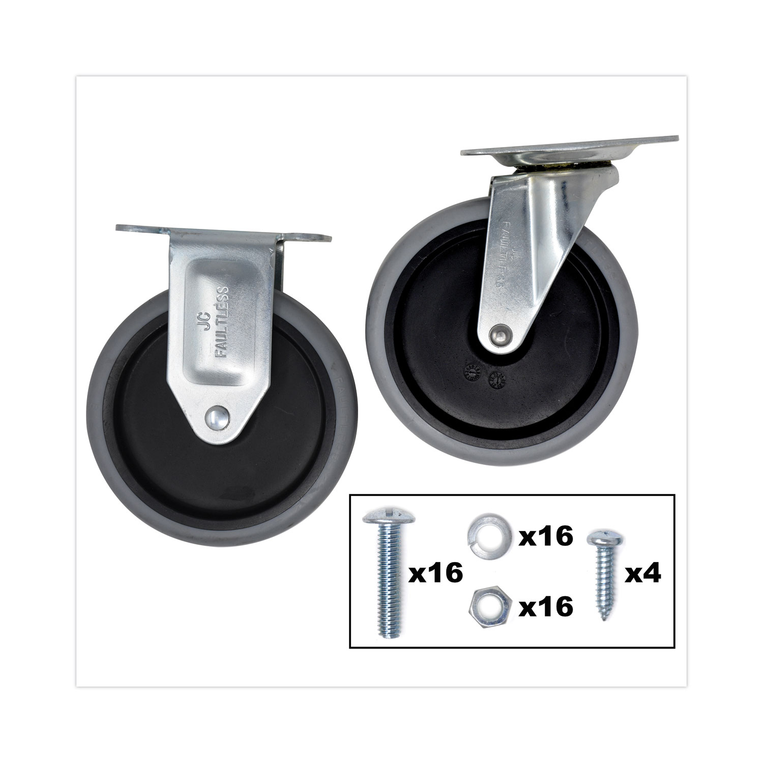 Replacement Plate Casters, (2) Rigid Mount Plate, (2) Swivel Mount Plate, 5" Soft Rubber Wheel, Gray, 4/Set