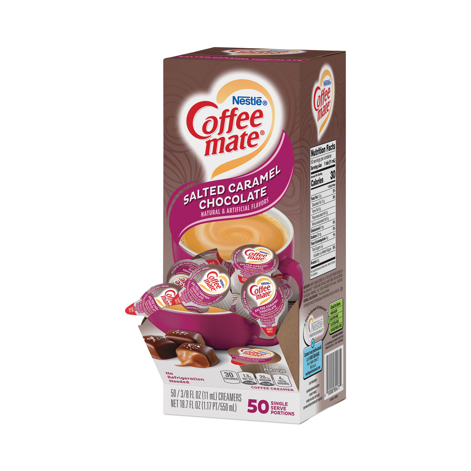Liquid Coffee Creamer, Salted Caramel Chocolate, 0.38 oz Mini Cups, 50/Box  - Office Express Office Products