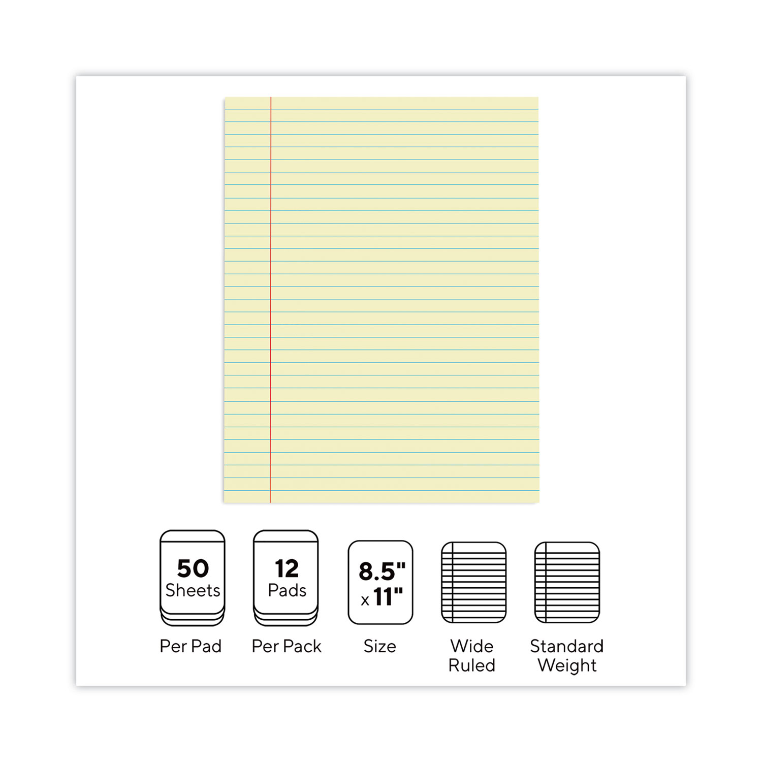 Quill Brand® Standard Series Legal Pad, 8-1/2 x 11, Wide Ruled, Canary  Yellow, 50 Sheets/Pad, 12 P