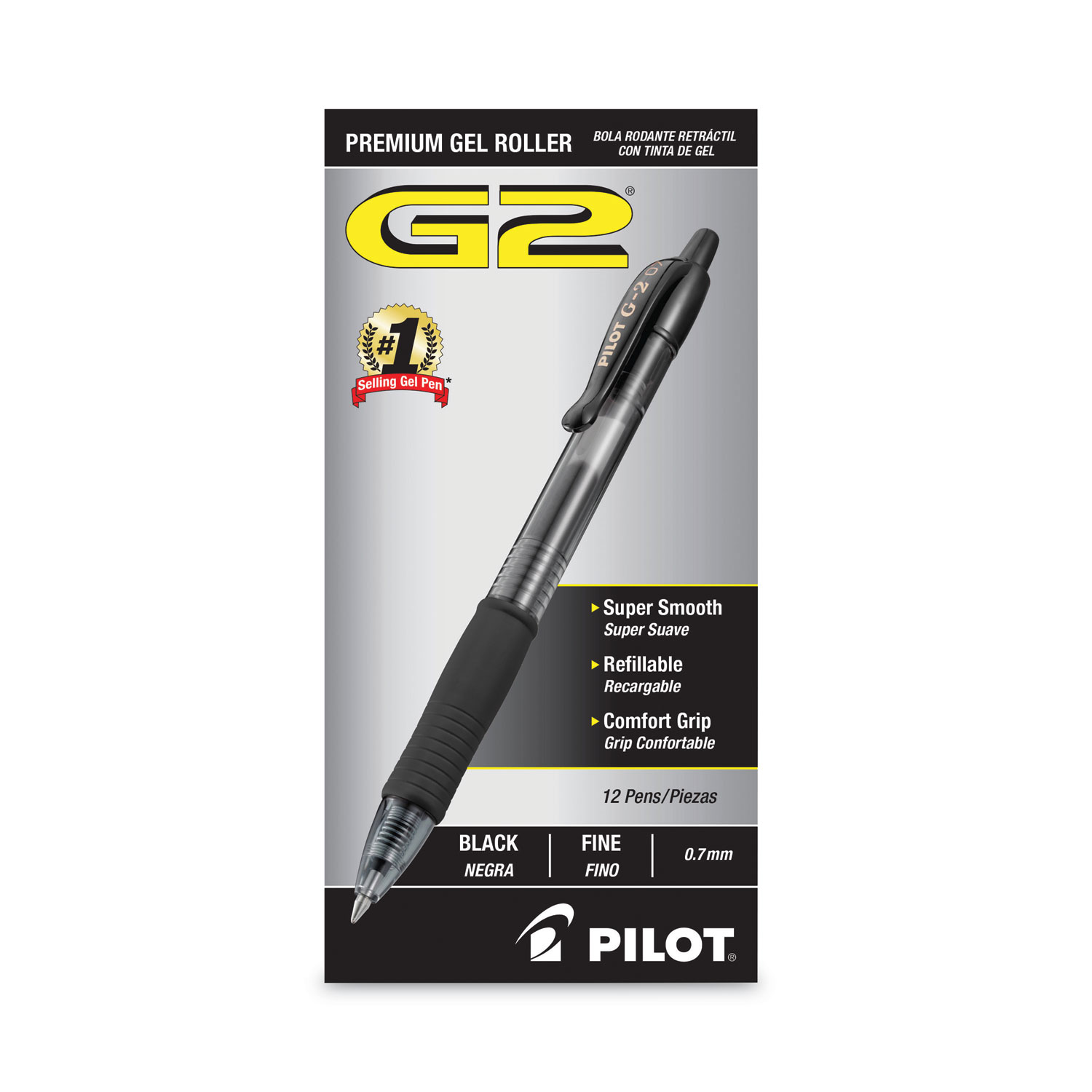 Pilot G-2 Retractable Gel Pens, Black Barrels, Black Ink, 0.7 mm - 4 pack