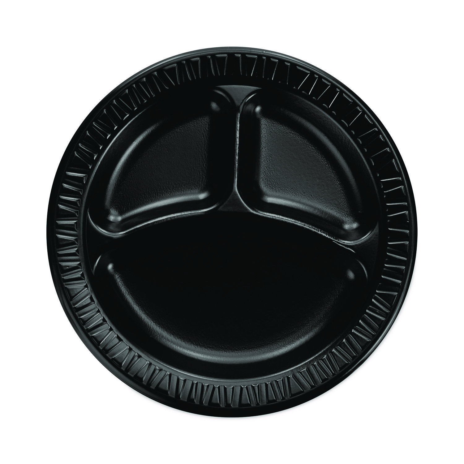 Quiet Classic Laminated Foam Dinnerware, 3-Compartment Plate, 9" dia, Black, 125/Sleeve, 4 Sleeves/Carton
