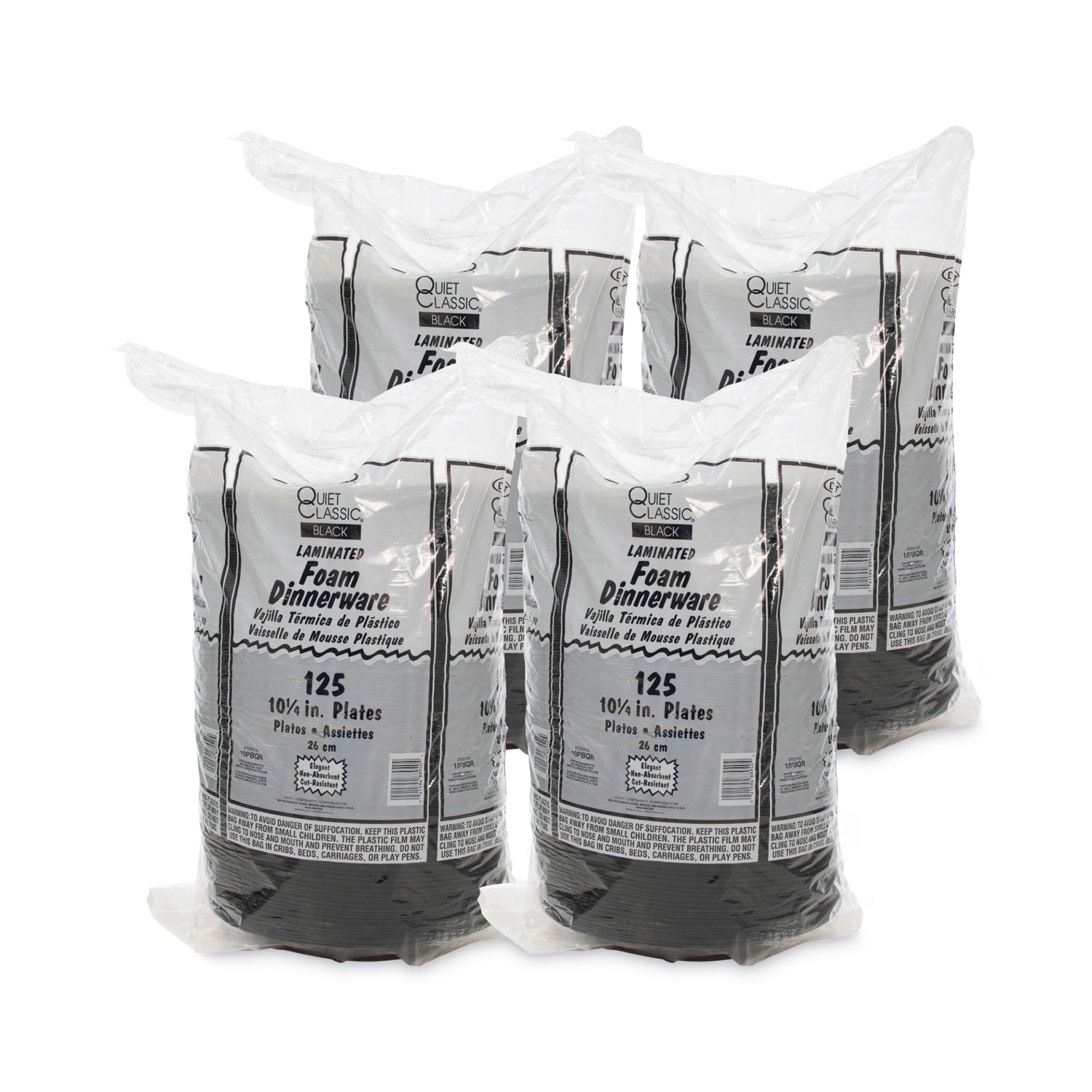 Quiet Classic Laminated Foam Dinnerware, Plate, 10.25" dia, Black, 125/Pack, 4 Packs/Carton