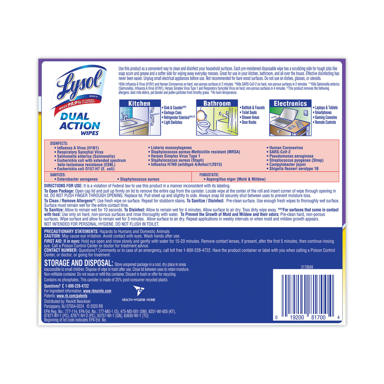 LYSOL® Brand Dual Action Disinfecting Wipes, 1-Ply, 7 x 7.5, Citrus ...