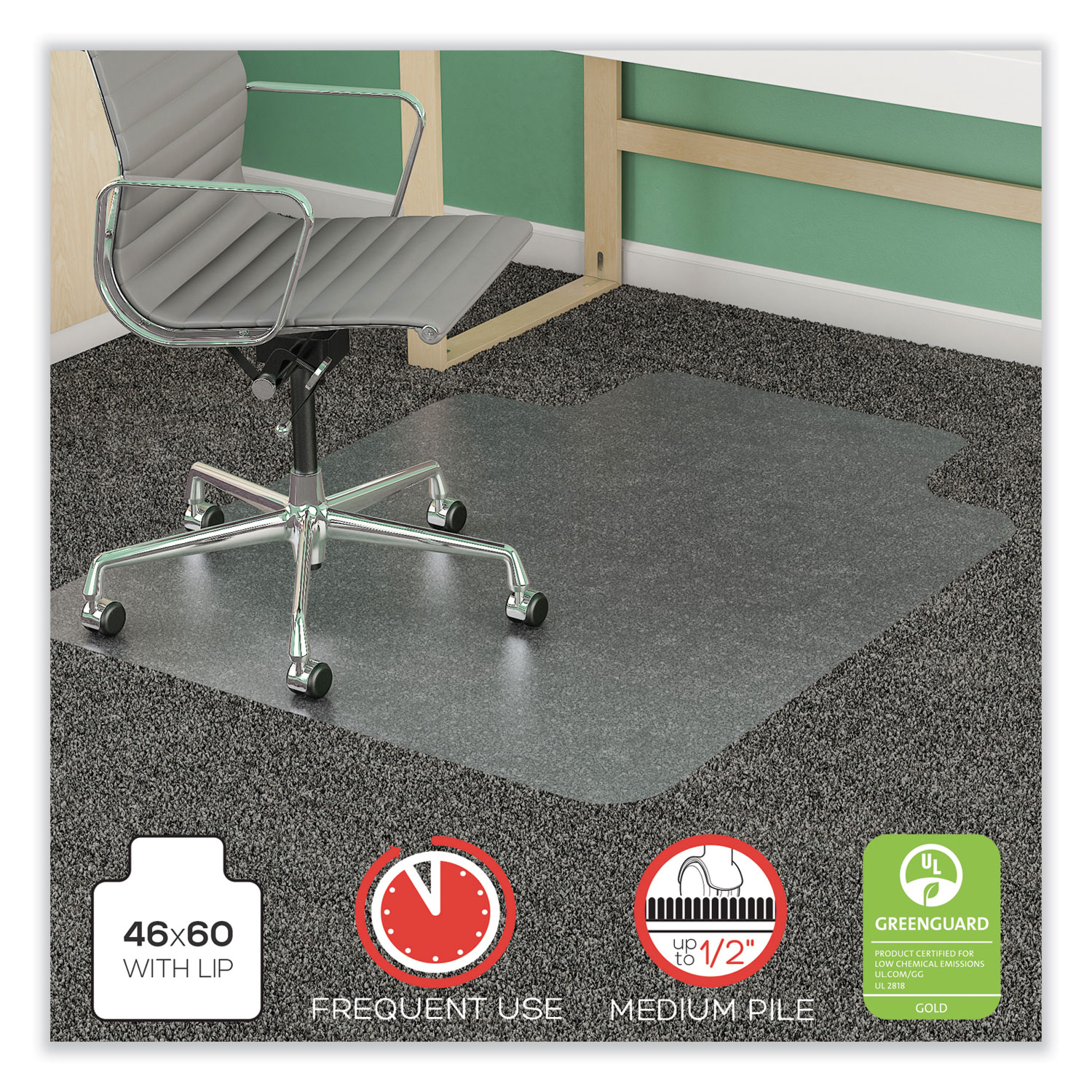 SuperMat Frequent Use Chair Mat for Medium Pile Carpet, 46 x 60, Wide Lipped, Clear