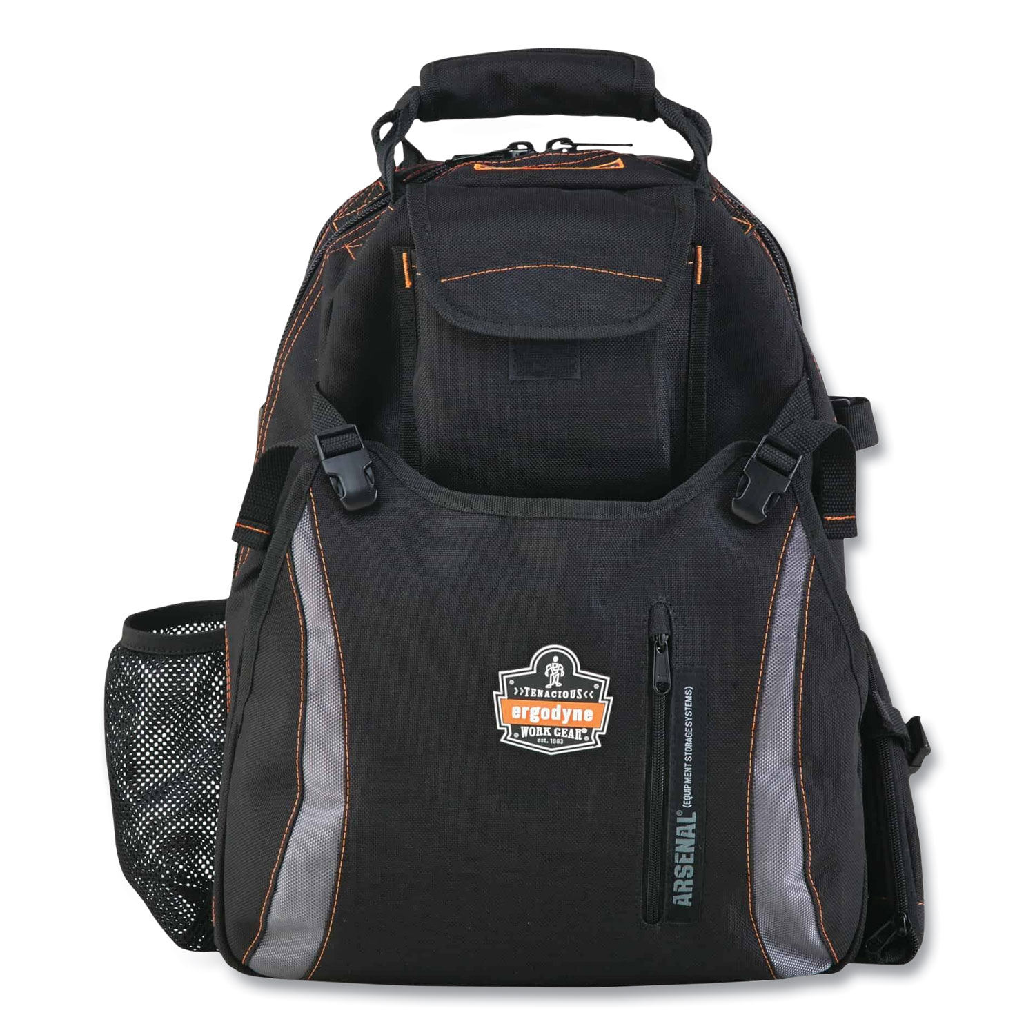 Arsenal 5843 Tool Backpack Dual Compartment, 26 Compartments, 8.5 x 13.5 x 18, Ballistic Polyester, Black/Gray