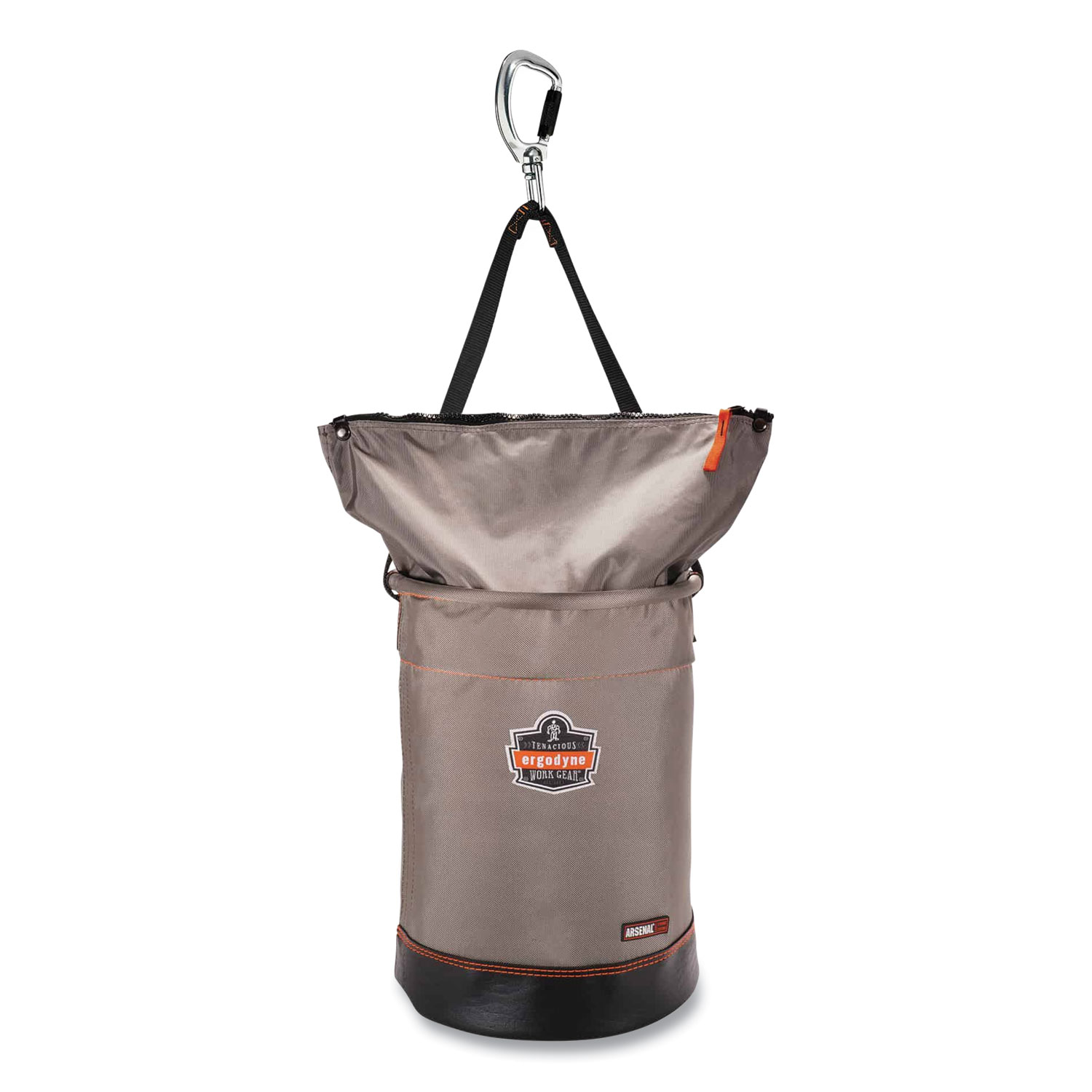 Arsenal 5974 Hoist Bucket Tool Bag with Swiveling Carabiner and Zipper Top, 12.5 x 12.5 x 17, Gray