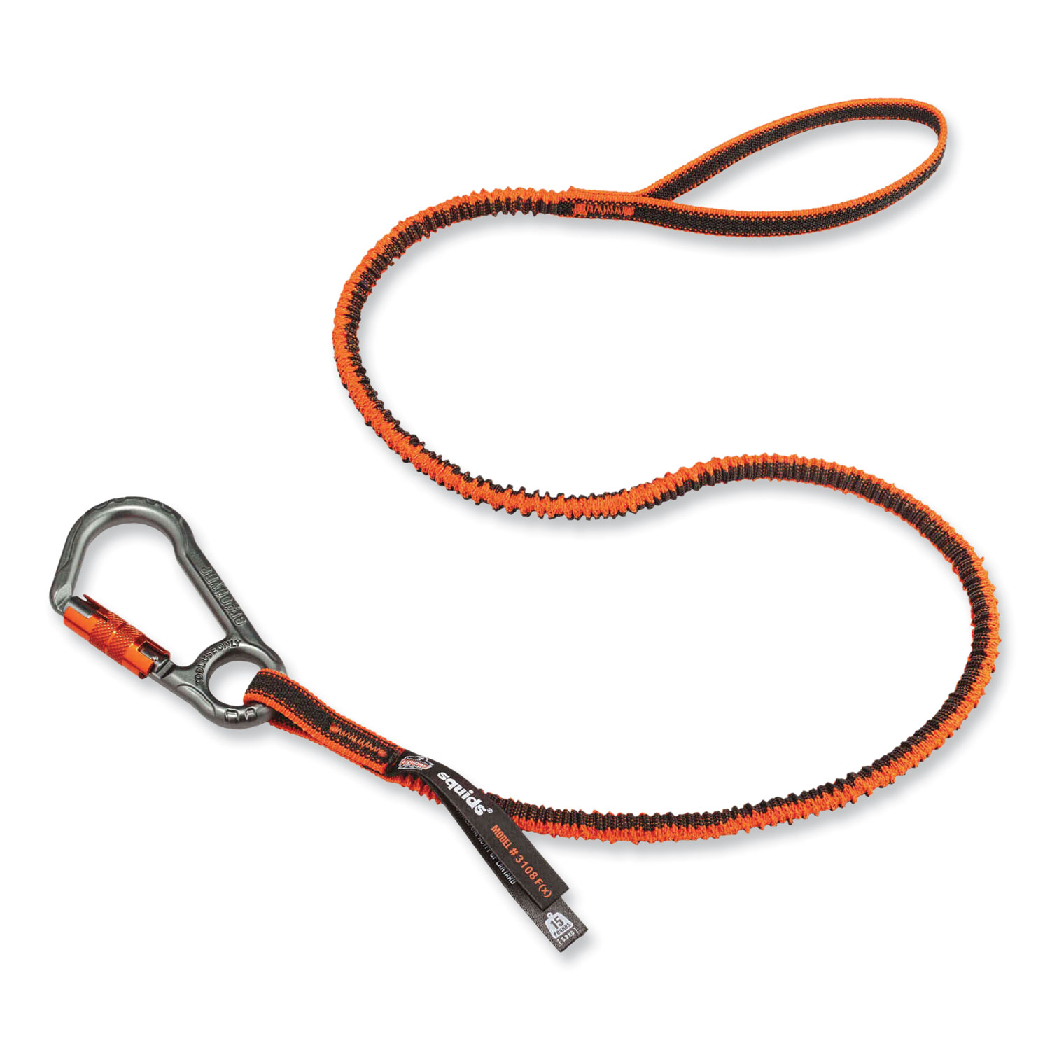 Squids 3108F(x)Tool Lanyard with Locking Aluminum Carabiner + Loop, 15 lb Max Working Capacity, 38″ to 48″ Long, Orange/Gray