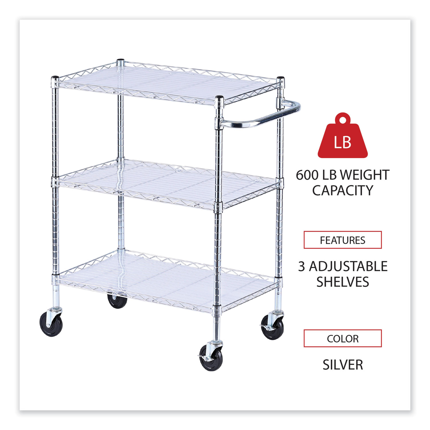 Three-Shelf Wire Cart with Liners, Metal, 3 Shelves, 450 lb Capacity, 24 x  16 x