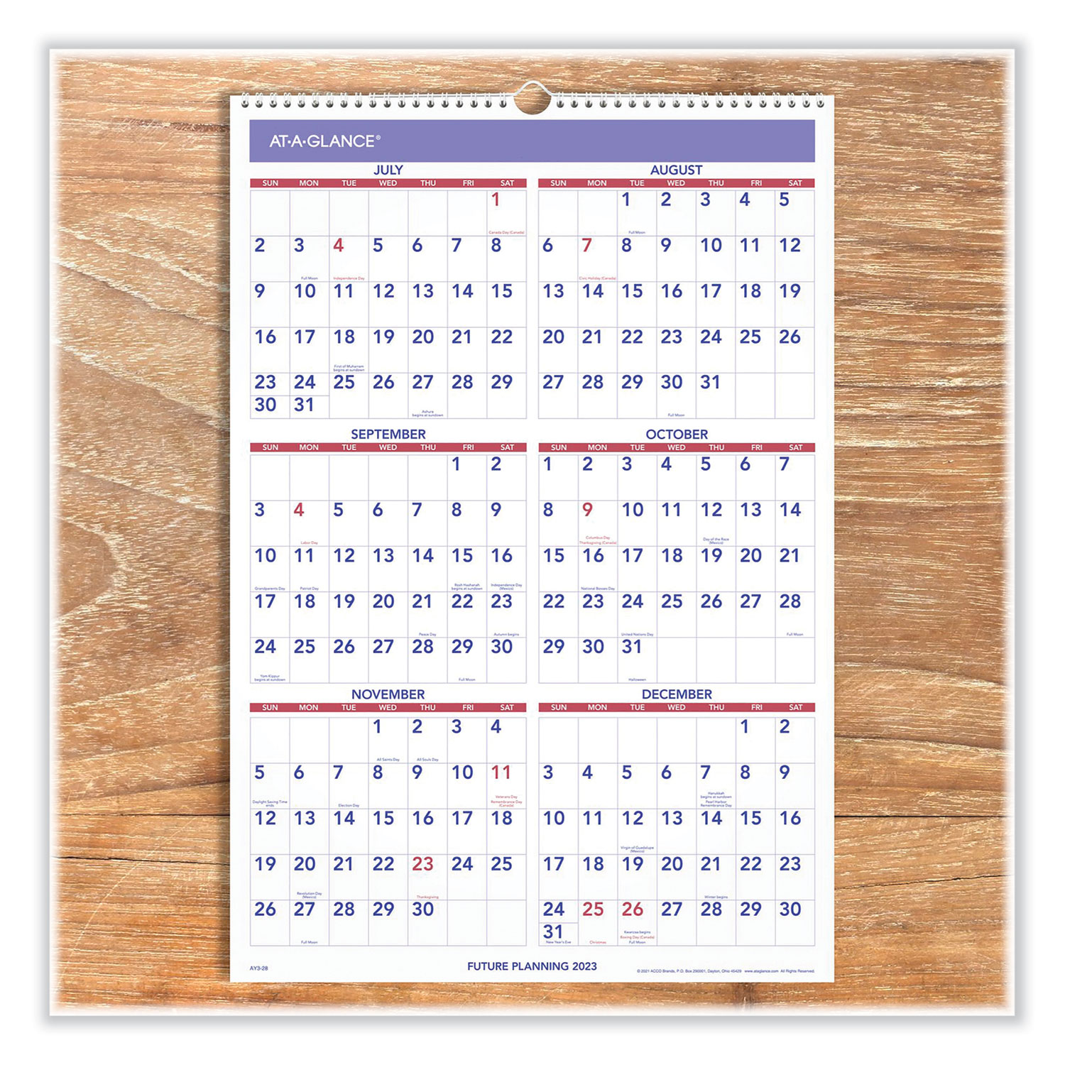 AT-A-GLANCE® Academic Monthly Wall Calendar, 15.5 x 22.75, White/Violet/Red Sheets, 12-Month (July-June): 2022-2023