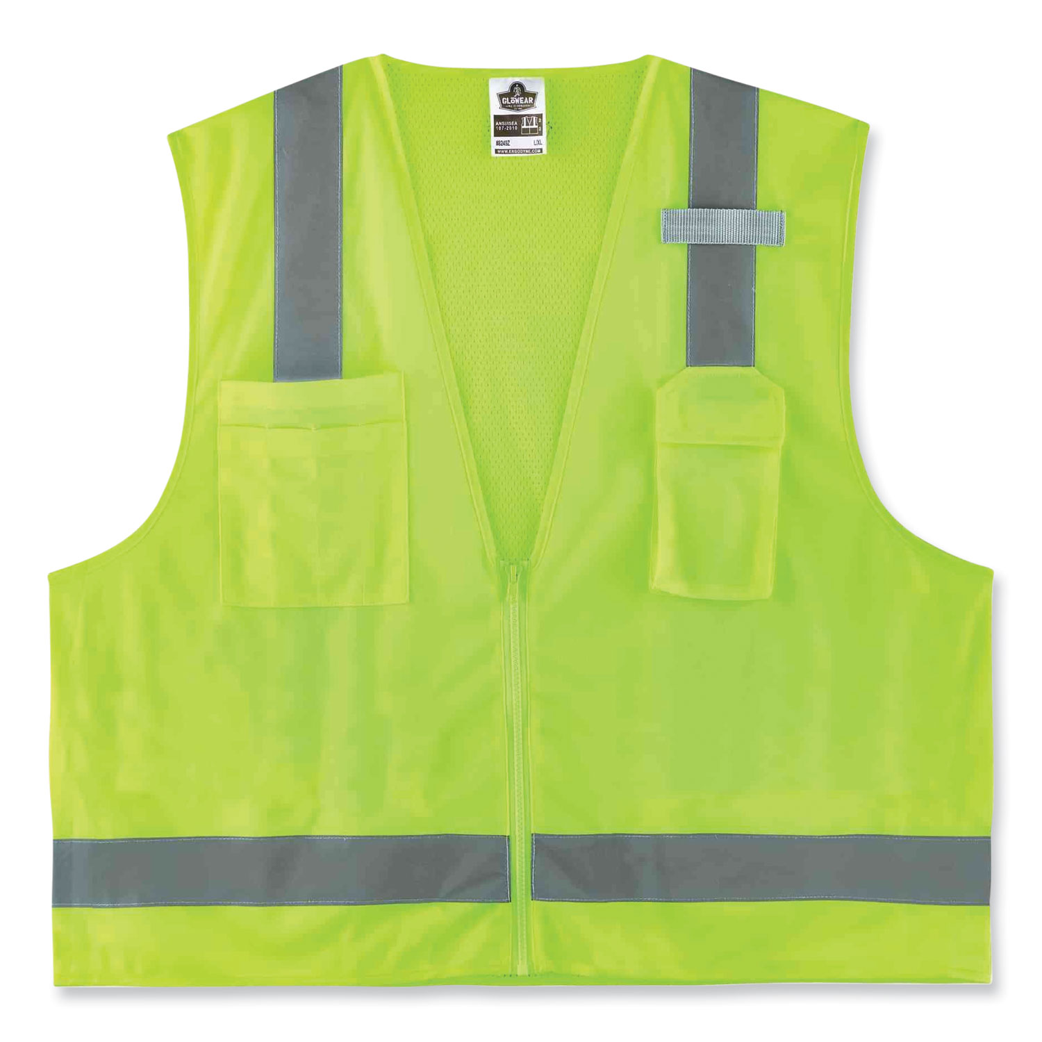 GloWear 8249Z Class 2 Economy Surveyors Zipper Vest, Polyester, X-Small, Lime