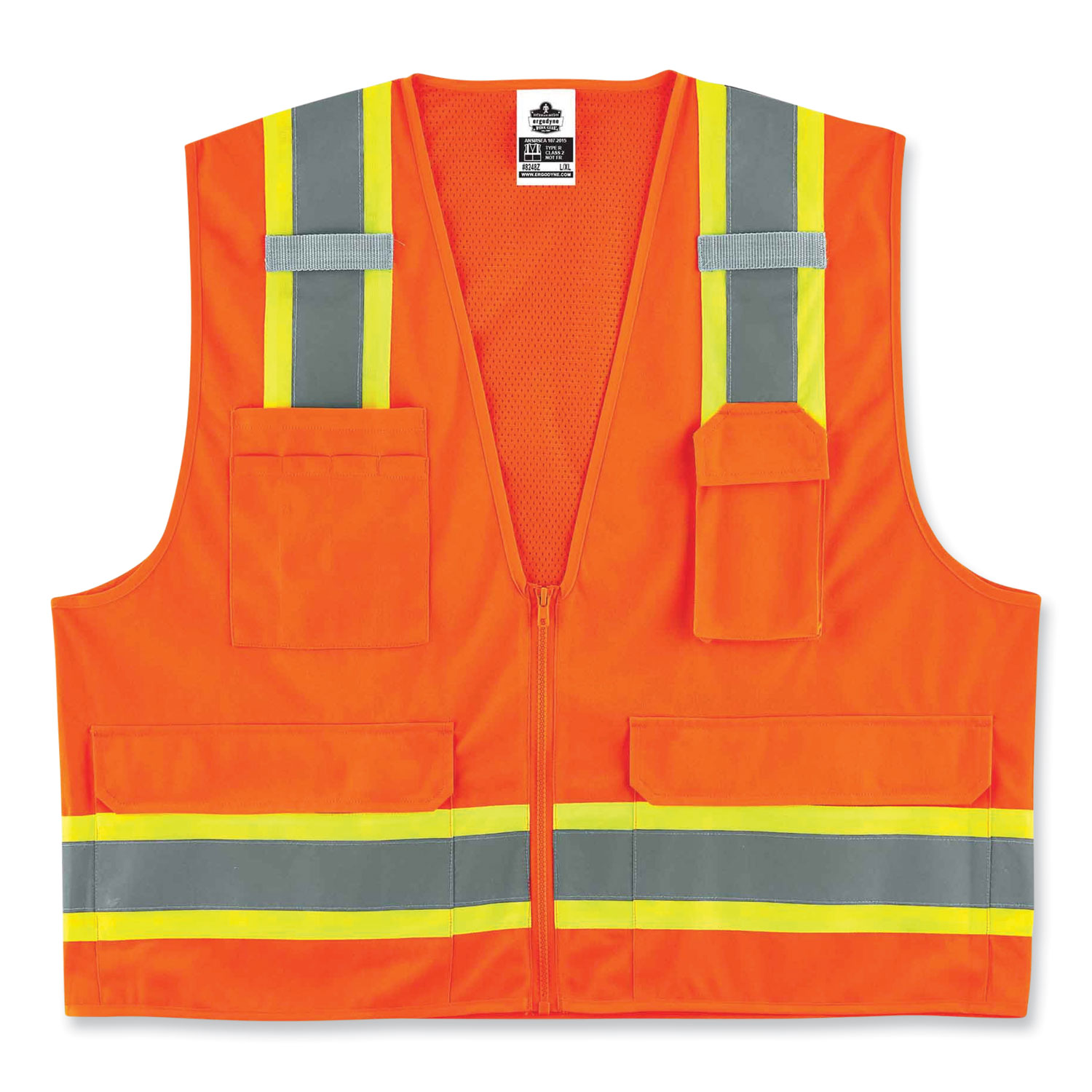 GloWear 8248Z Class 2 Two-Tone Surveyors Zipper Vest, Polyester, Large/X-Large, Orange