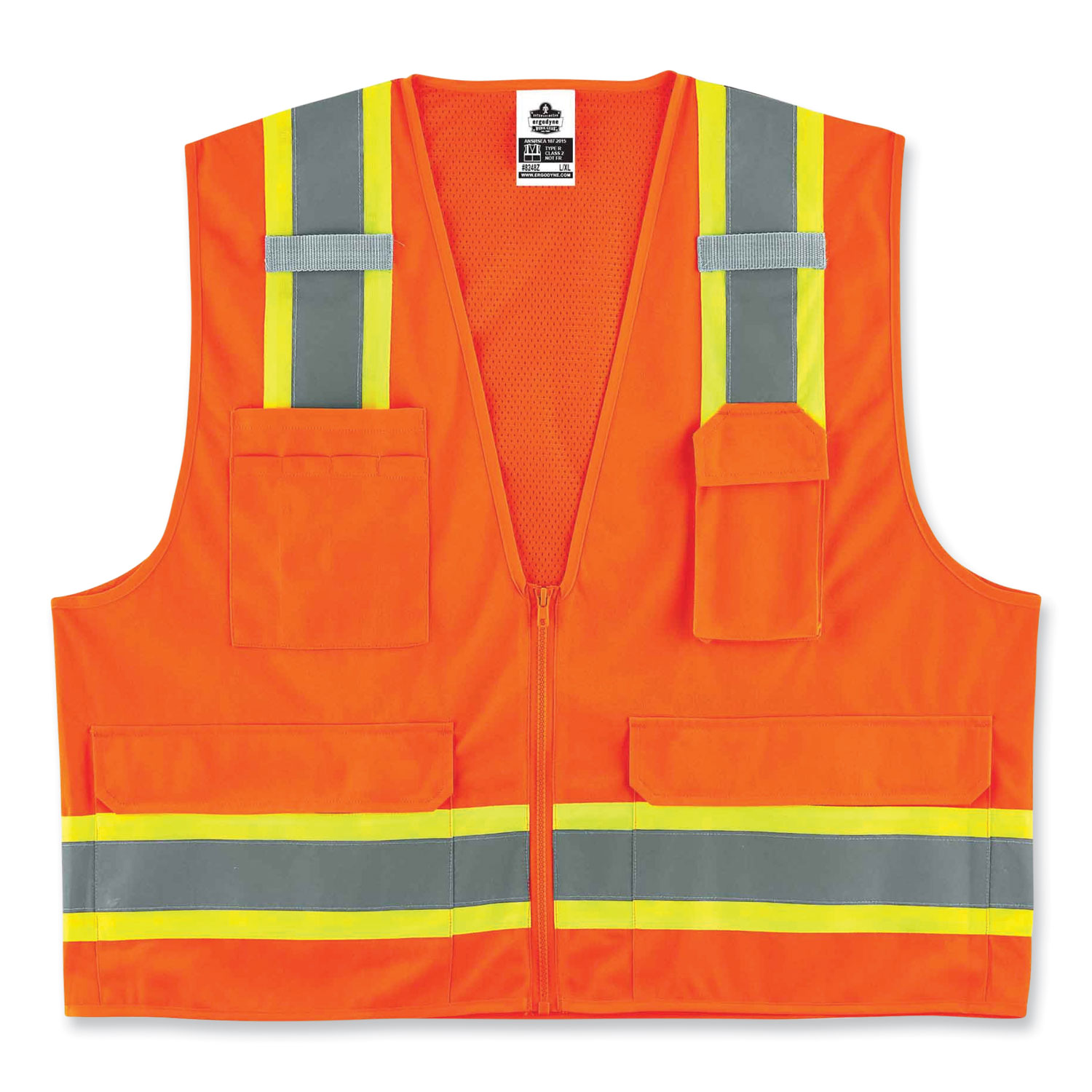 GloWear 8248Z Class 2 Two-Tone Surveyors Zipper Vest, Polyester, 2X-Large/3X-Large, Orange