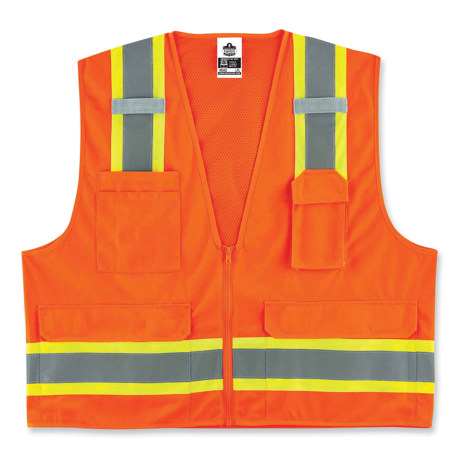 GloWear 8248Z Class 2 Two-Tone Surveyors Zipper Vest, Polyester, 4X-Large/5X-Large, Orange