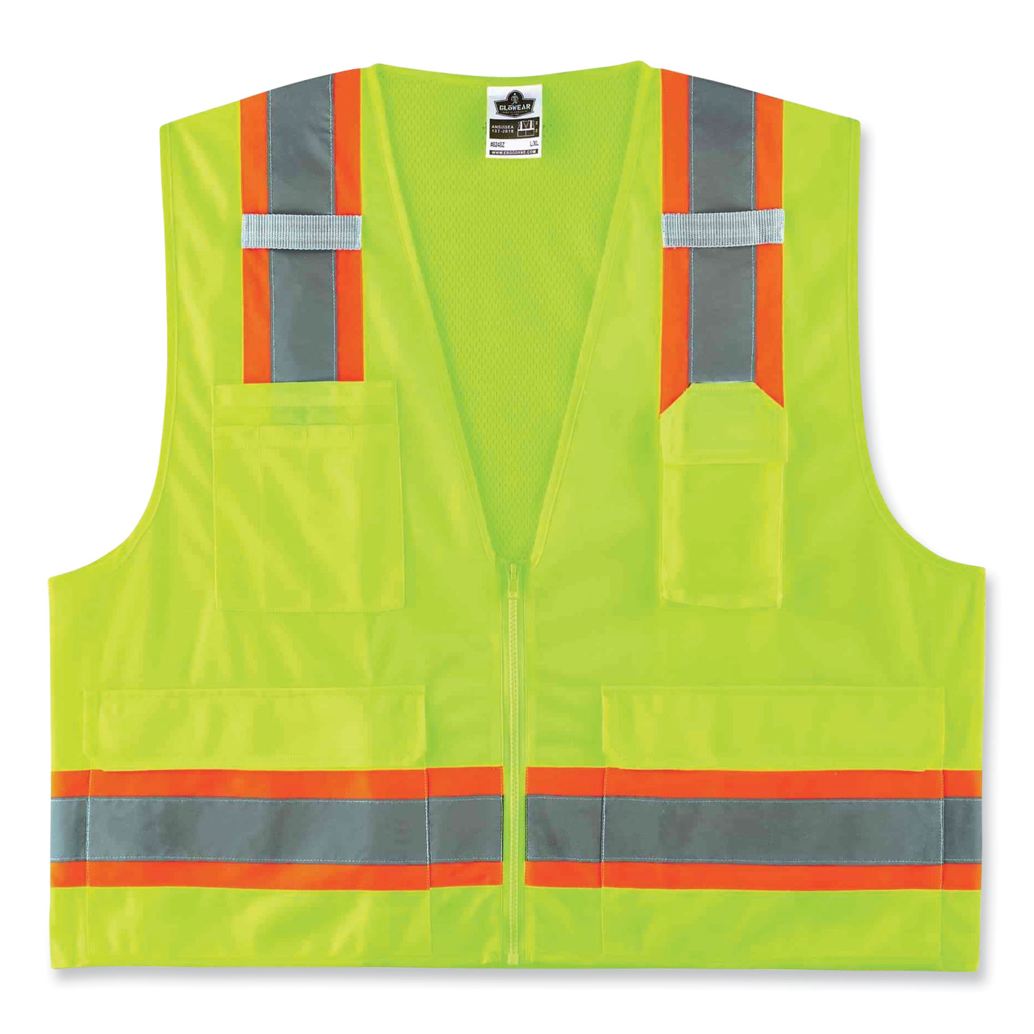 GloWear 8248Z Class 2 Two-Tone Surveyors Zipper Vest, Polyester, Small/Medium, Lime