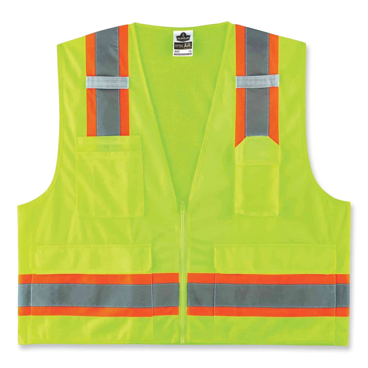 GloWear 8248Z Class 2 Two-Tone Surveyors Zipper Vest, Polyester, Large/X-Large, Lime