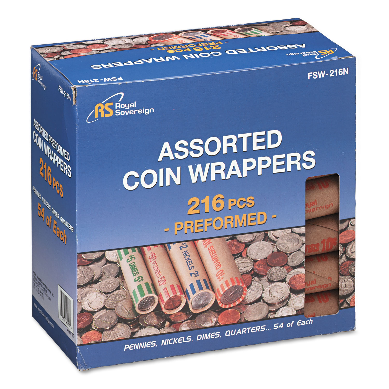 Preformed Tubular Coin Wrappers, 54 Each Pennies/Nickels/Dimes/Quarters, 216/Box