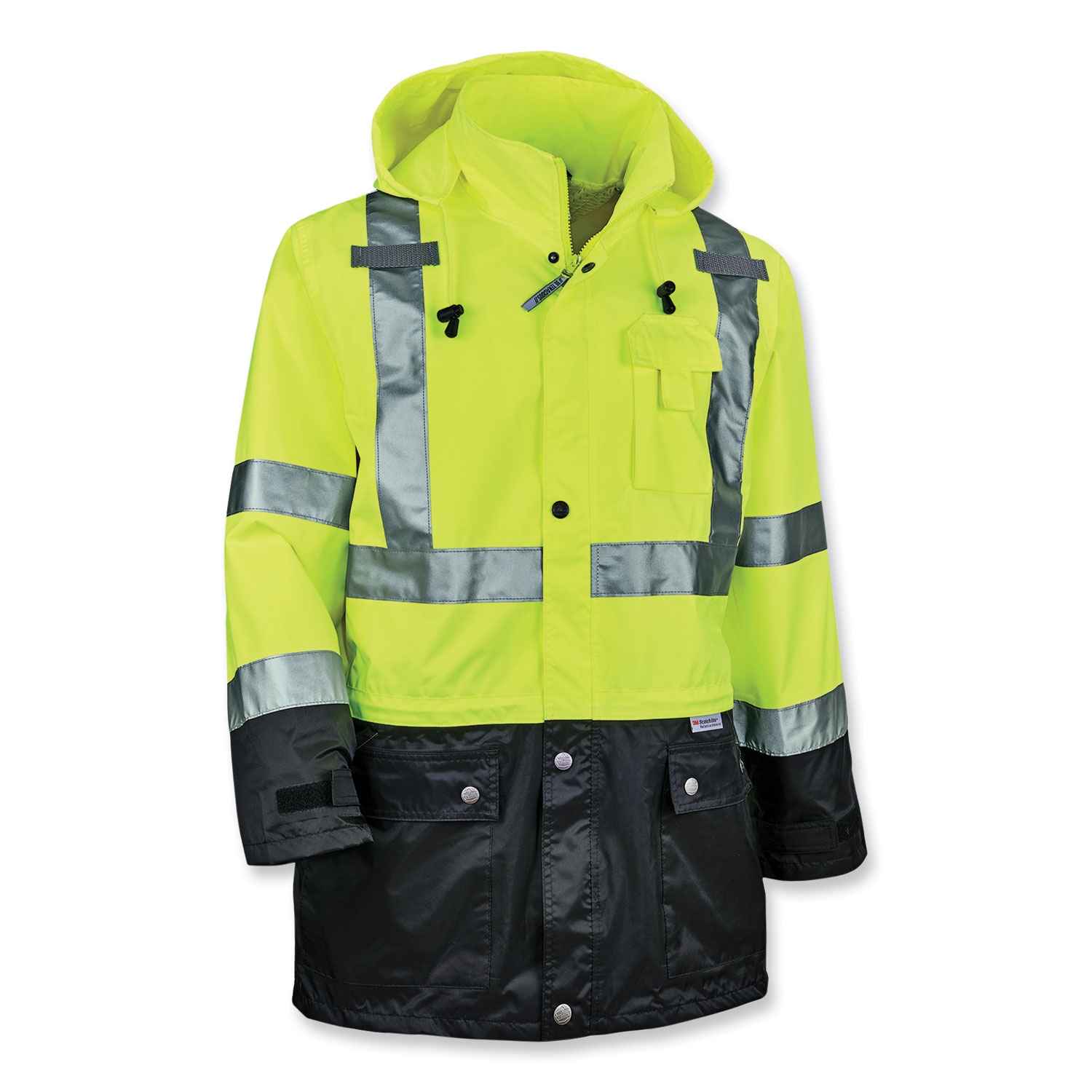 ergodyne® GloWear 8365BK Class 3 Hi-Vis Rain Jacket Black Bottom, Small, Lime