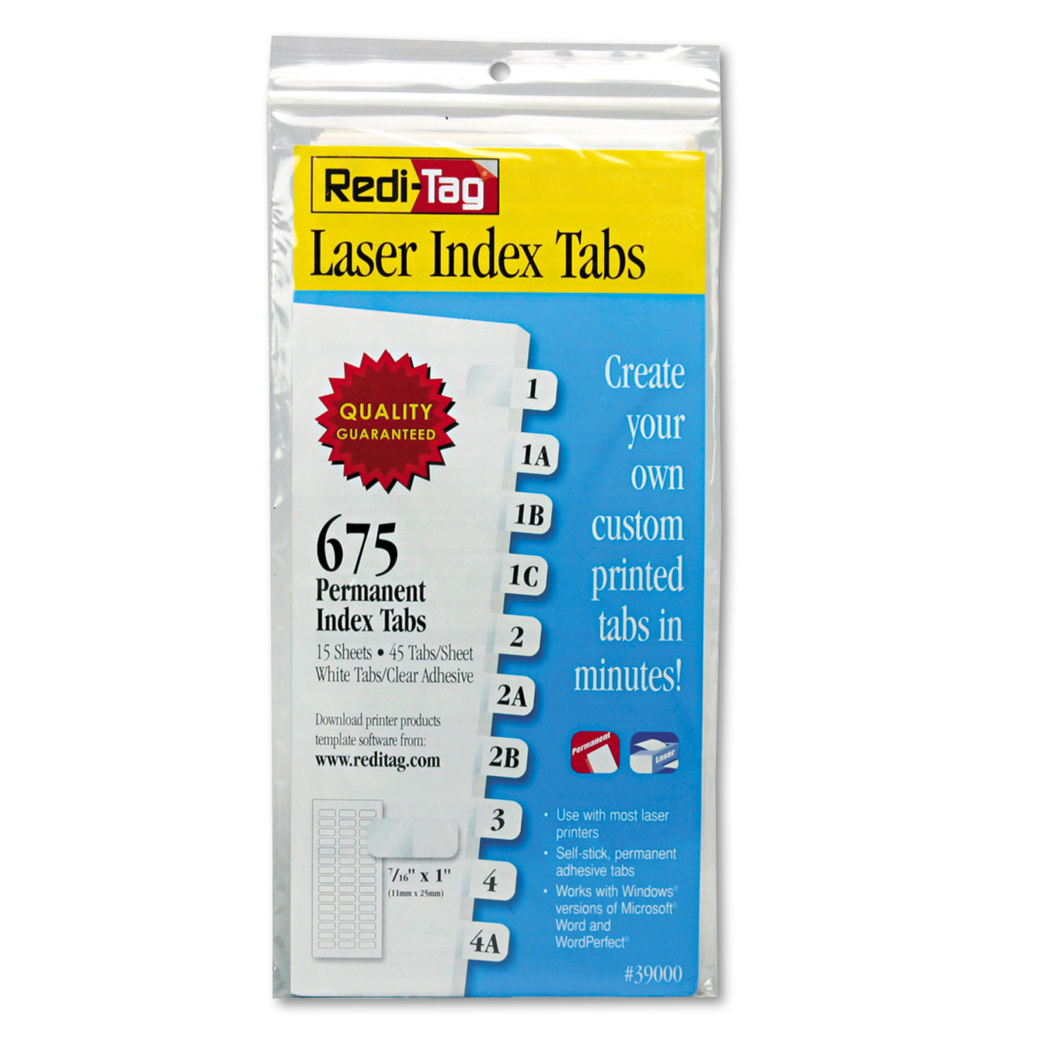 Redi-Tag 39000 Laser Printable Index Tabs, 1/12-Cut Tabs, White, 0.44 Wide, 675/Pack (RTG39000) 