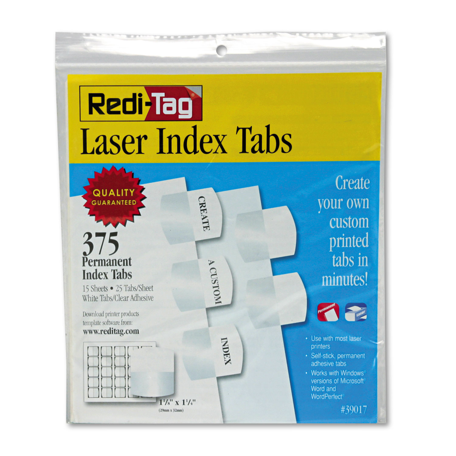  Redi-Tag 39017 Laser Printable Index Tabs, 1/5-Cut Tabs, White, 1.13 Wide, 375/Pack (RTG39017) 