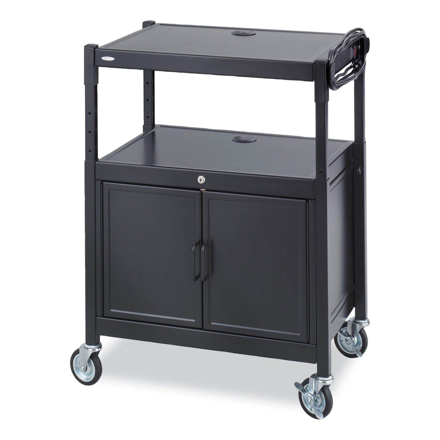 Steel Adjustable AV Cart with Cabinet, Metal, 3 Shelf, 6 AC Outlets, 40 lb Capacity, 26.75 x 20.5 x 42, Black