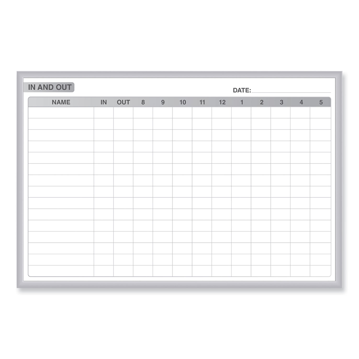 In/Out Magnetic Whiteboard, Personnel In/Out Tracking Chart, 36″ x 24″, White/Gray Surface, Satin Aluminum Frame