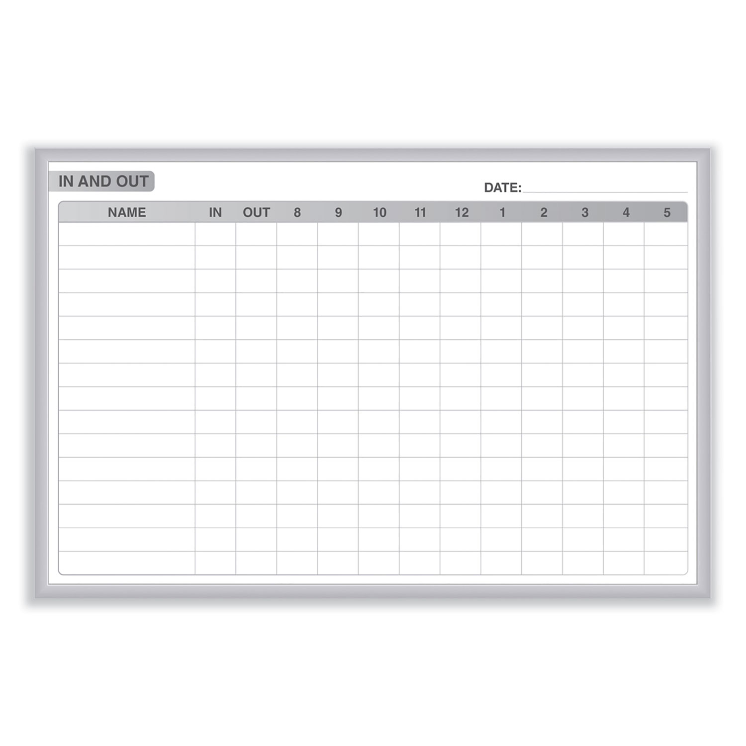 In/Out Magnetic Whiteboard, Personnel In/Out Tracking Chart, 96.5″ x 48.5″, White/Gray Surface, Satin Aluminum Frame