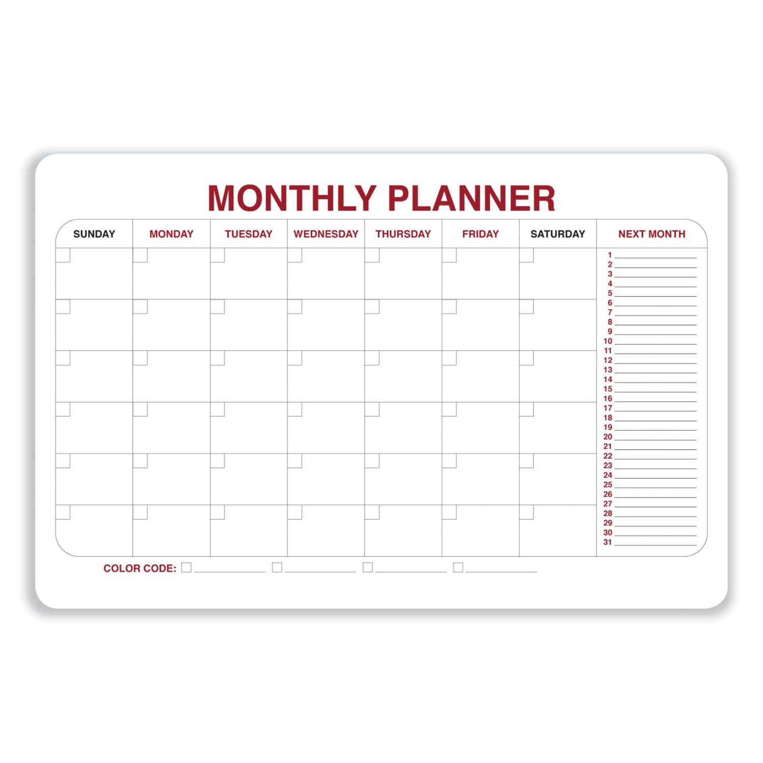 Monthly Planner Whiteboard with Radius Corners, Planning/Scheduling Calendar, 36″ x 24″, White/Red/Black Surface