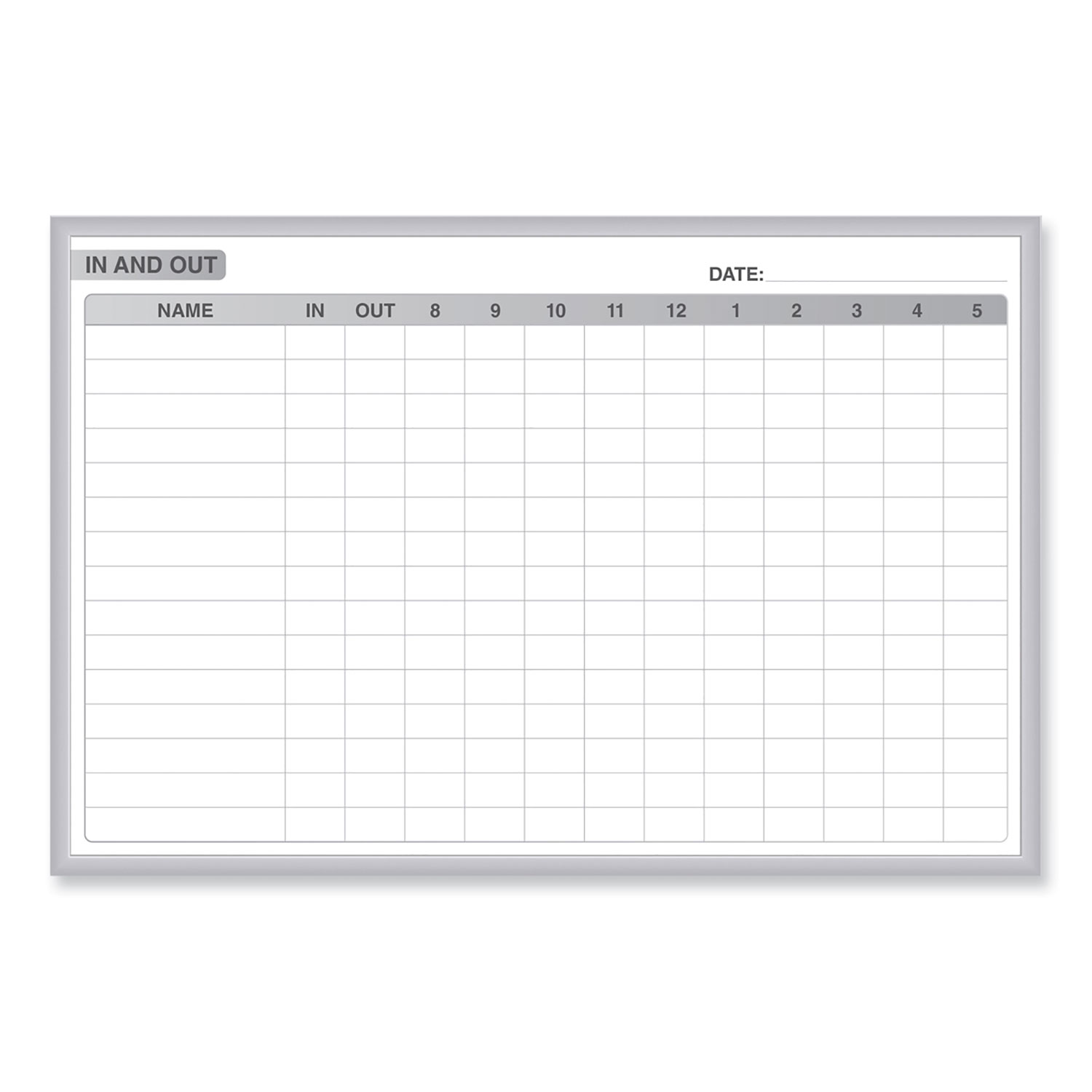 In/Out Magnetic Whiteboard, Personnel In/Out Tracking Chart, 48.5″ x 36.5″, White/Gray Surface, Satin Aluminum Frame