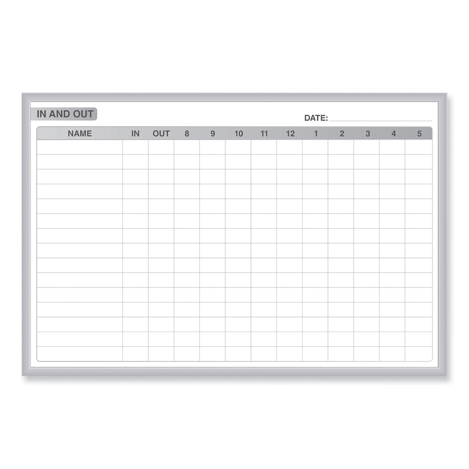 In/Out Magnetic Whiteboard, Personnel In/Out Tracking Chart, 72.5″ x 48.5″, White/Gray Surface, Satin Aluminum Frame