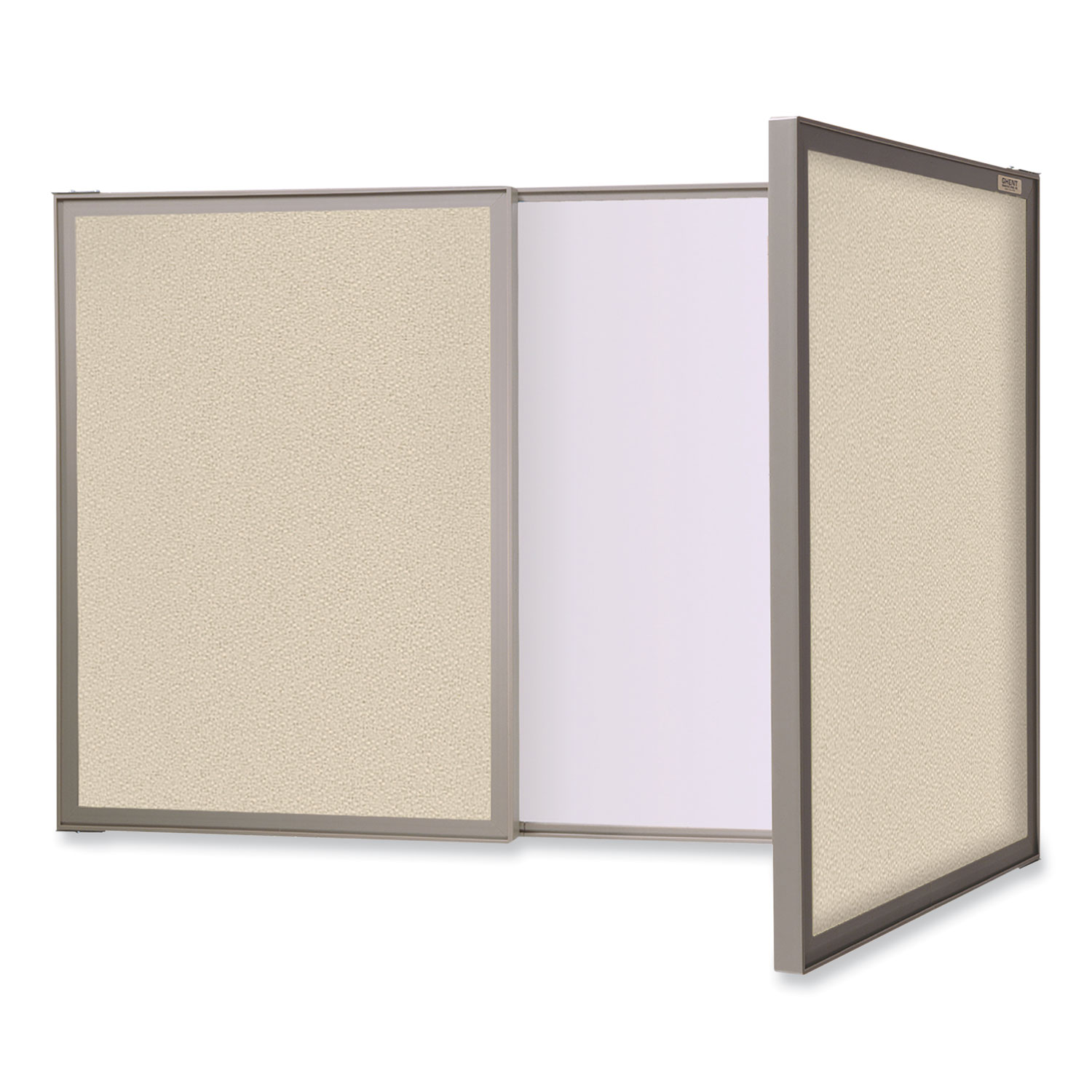 VisuALL PC Whiteboard Cabinet with Fabric Bulletin Board Exterior Doors, 36″ x 24″, Beige/White Surface, Satin Aluminum Frame