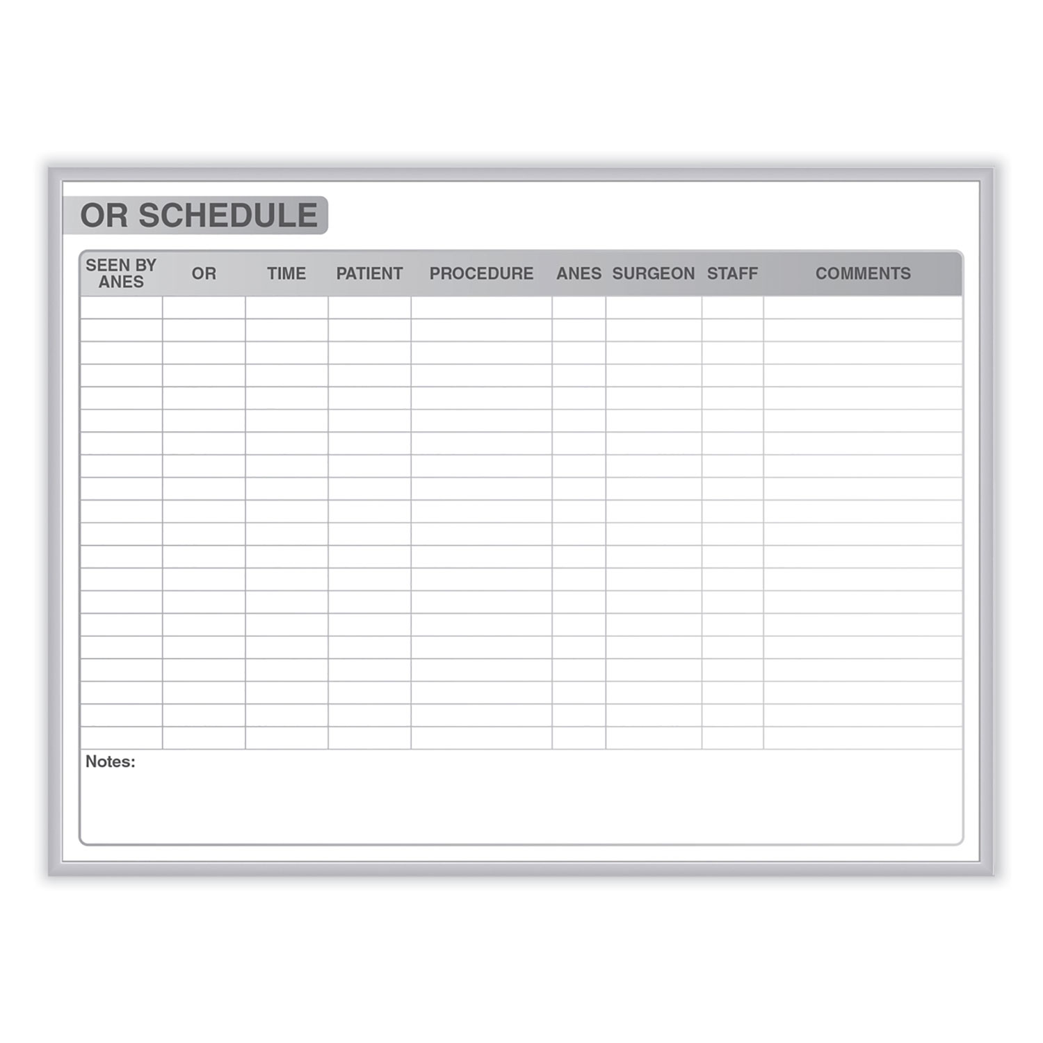 OR Schedule Magnetic Whiteboard, Operating Room Scheduling Chart, 48.5″ x 36.5″, White/Gray Surface, Satin Aluminum Frame