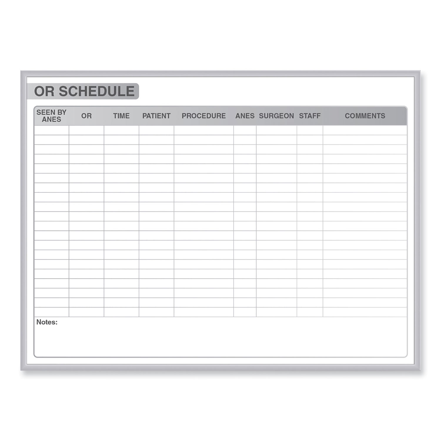 OR Schedule Magnetic Whiteboard, Operating Room Scheduling Chart, 72.5″ x 48.5″, White/Gray Surface, Satin Aluminum Frame