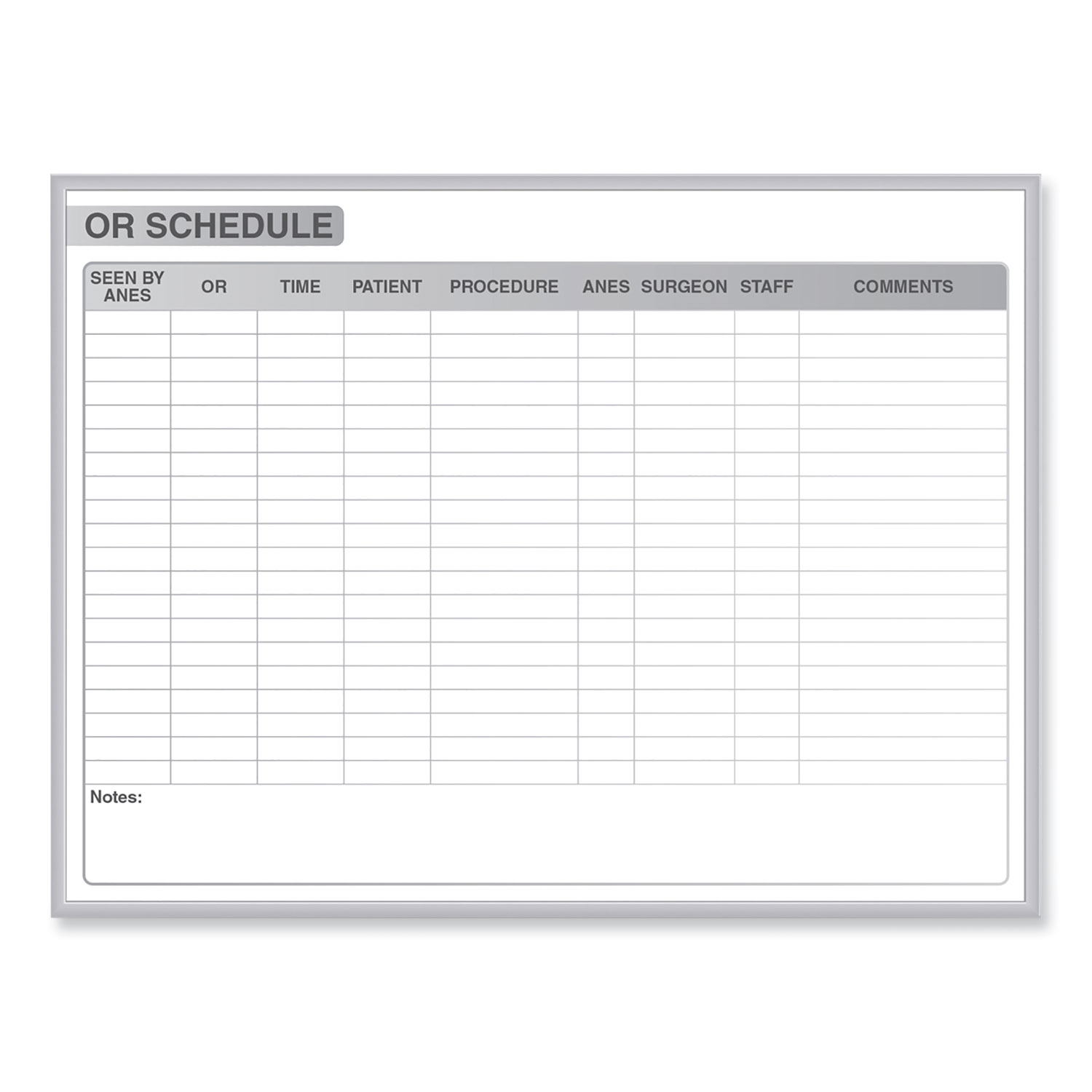 OR Schedule Magnetic Whiteboard, Operating Room Scheduling Chart, 96.5″ x 48.5″, White/Gray Surface, Satin Aluminum Frame