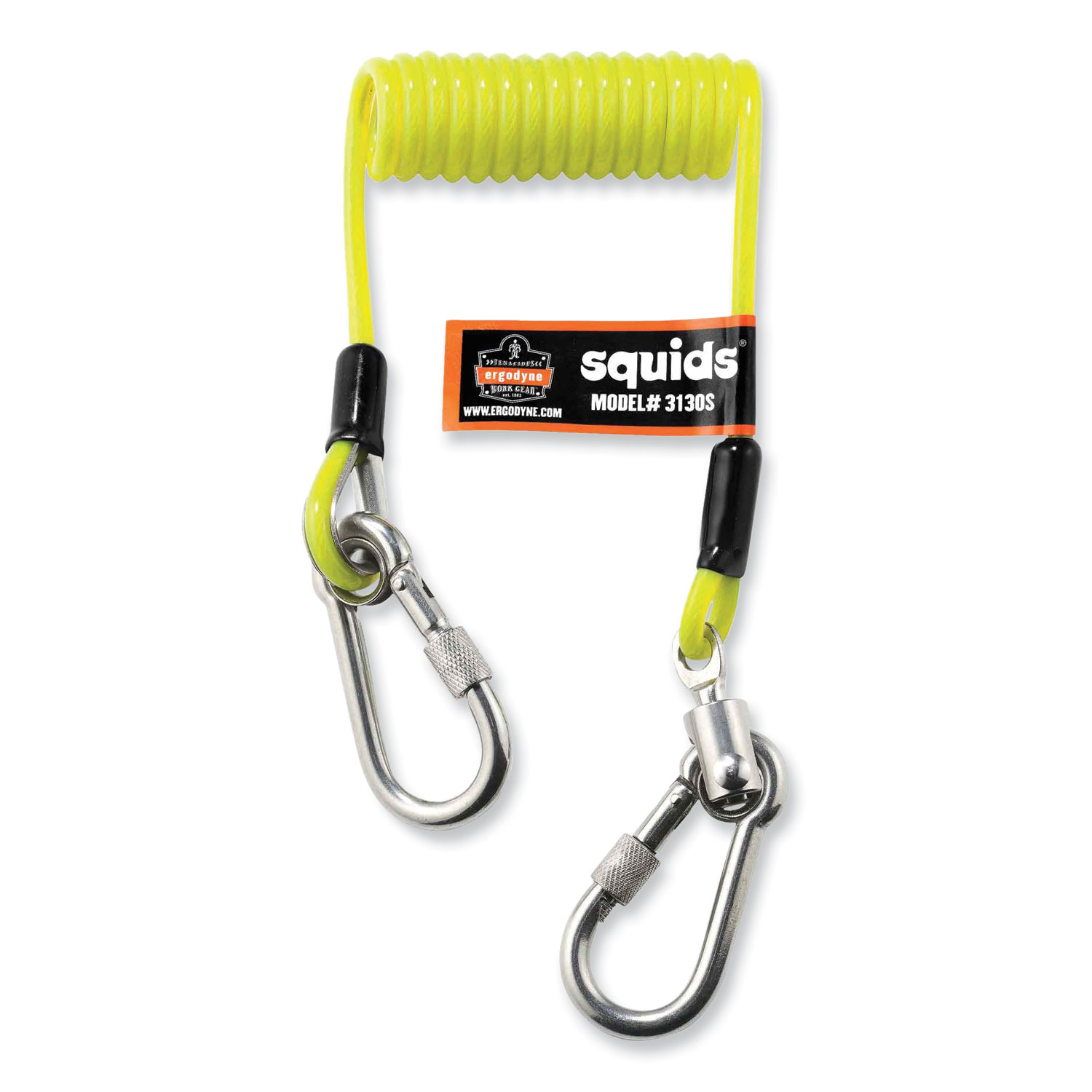 Squids 3130S Coiled Cable Lanyard with Carabiners, 2 lb Max Working Capacity, 6.5″ to 48″ Long, Lime