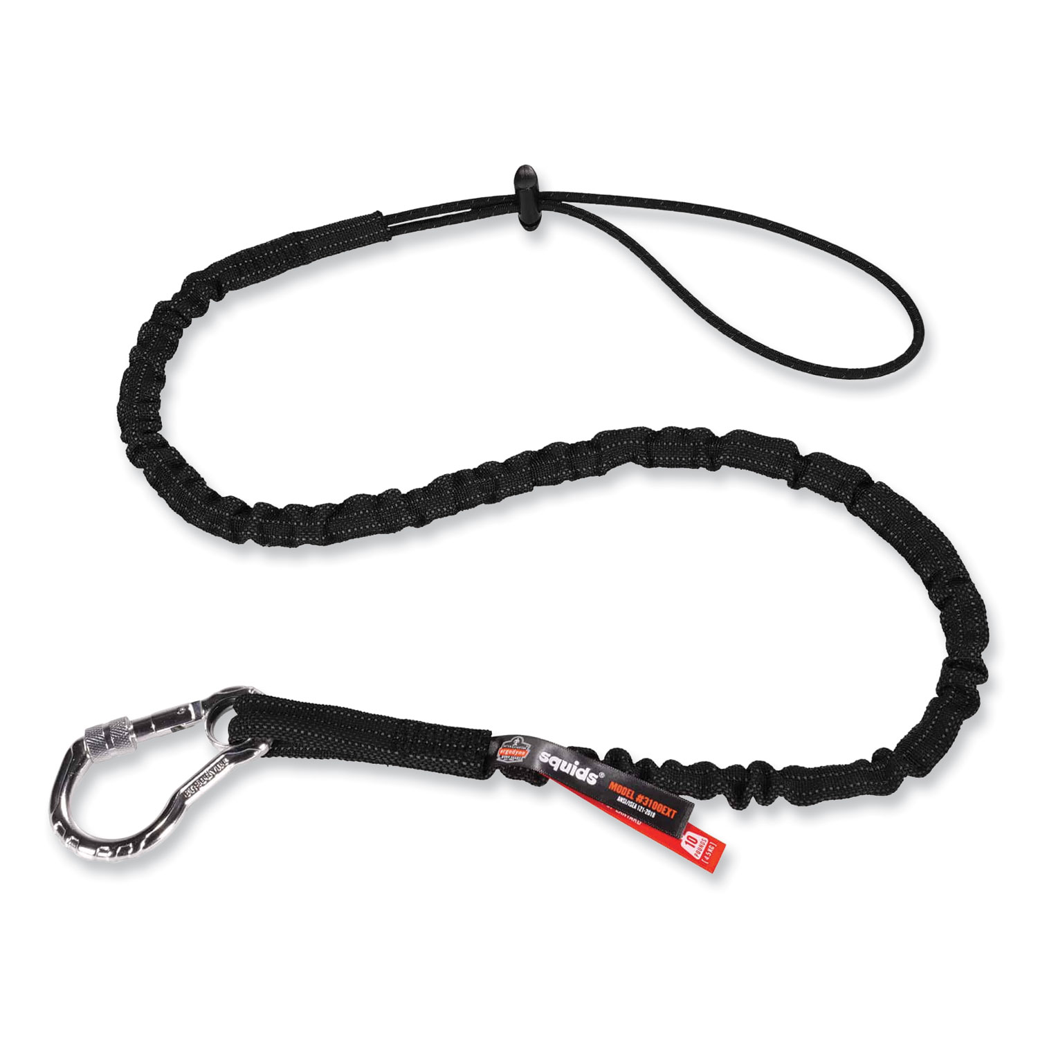 Squids 3100 Lanyard with Aluminum Carabiner + Cinch-Loop, 10 lb Max Working Capacity, 42″ to 54″ Long, Black