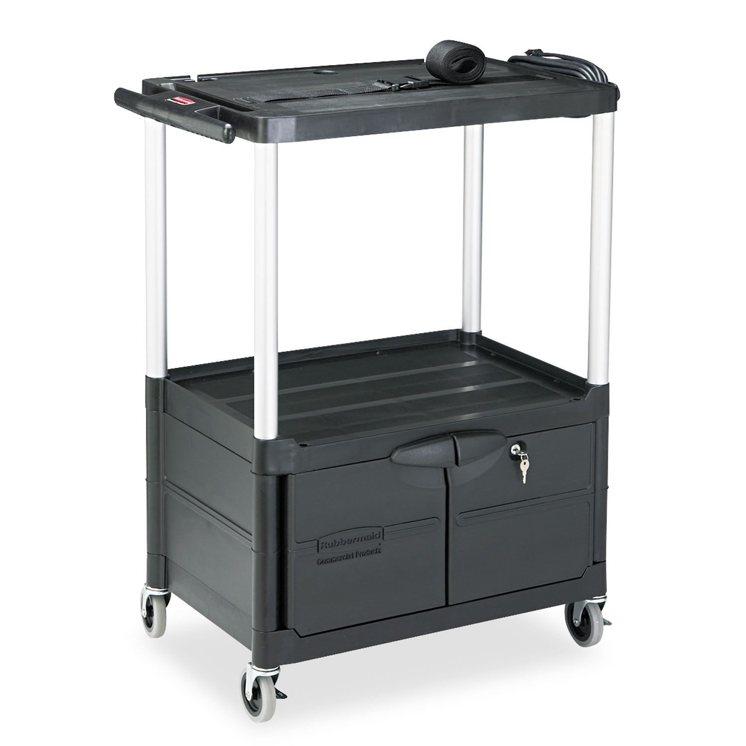 MediaMaster Three-Shelf AV Cart with Cabinet, 18-5/8w x 32-1/2d x 42-3/8h, Black