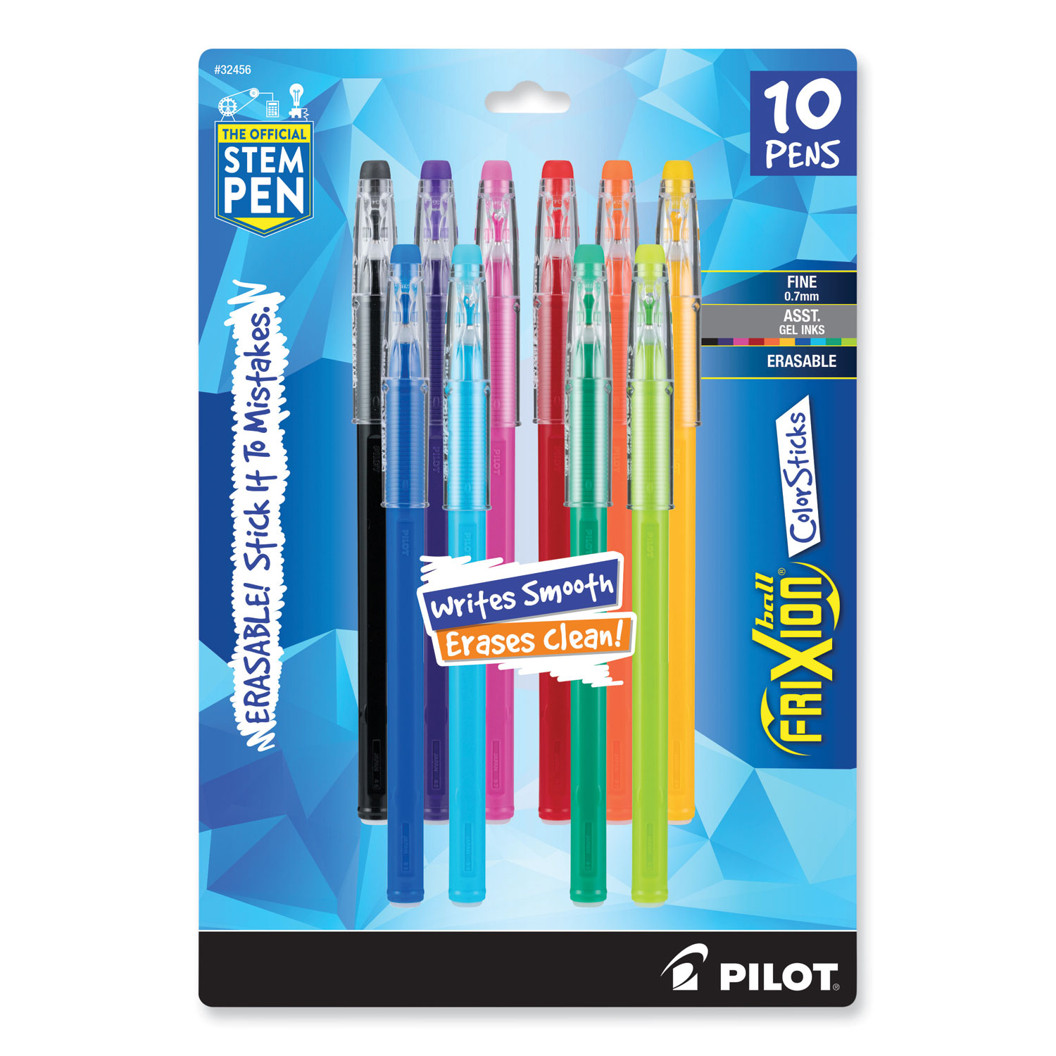 FriXion ColorSticks Erasable Gel Pen, Stick, Fine 0.7 mm, Assorted Ink and  Barrel Colors, 10/Pack