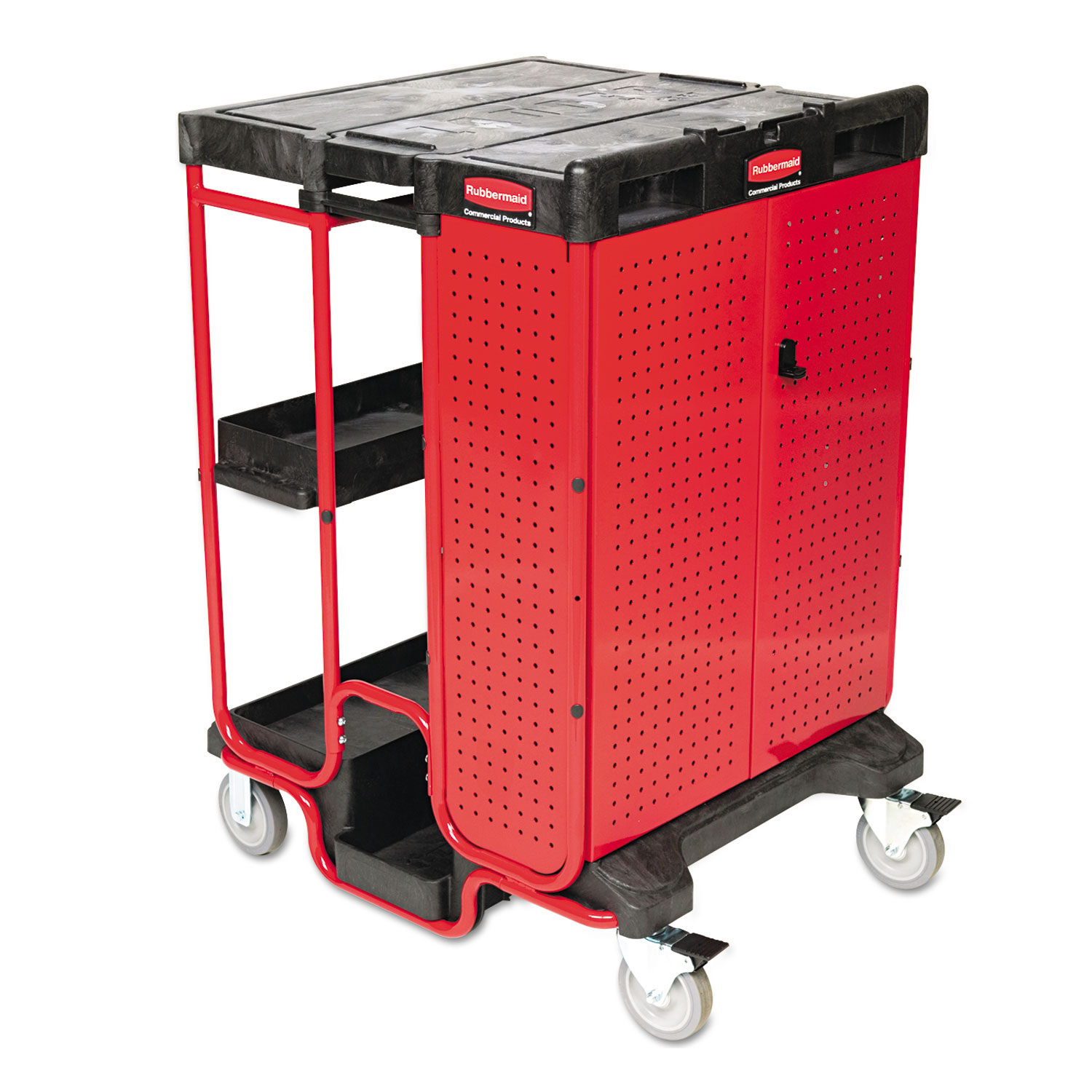 Ladder Cart w/Cabinet, Three-Shelf, 27w x 31-1/2d x 42h, Black/Red